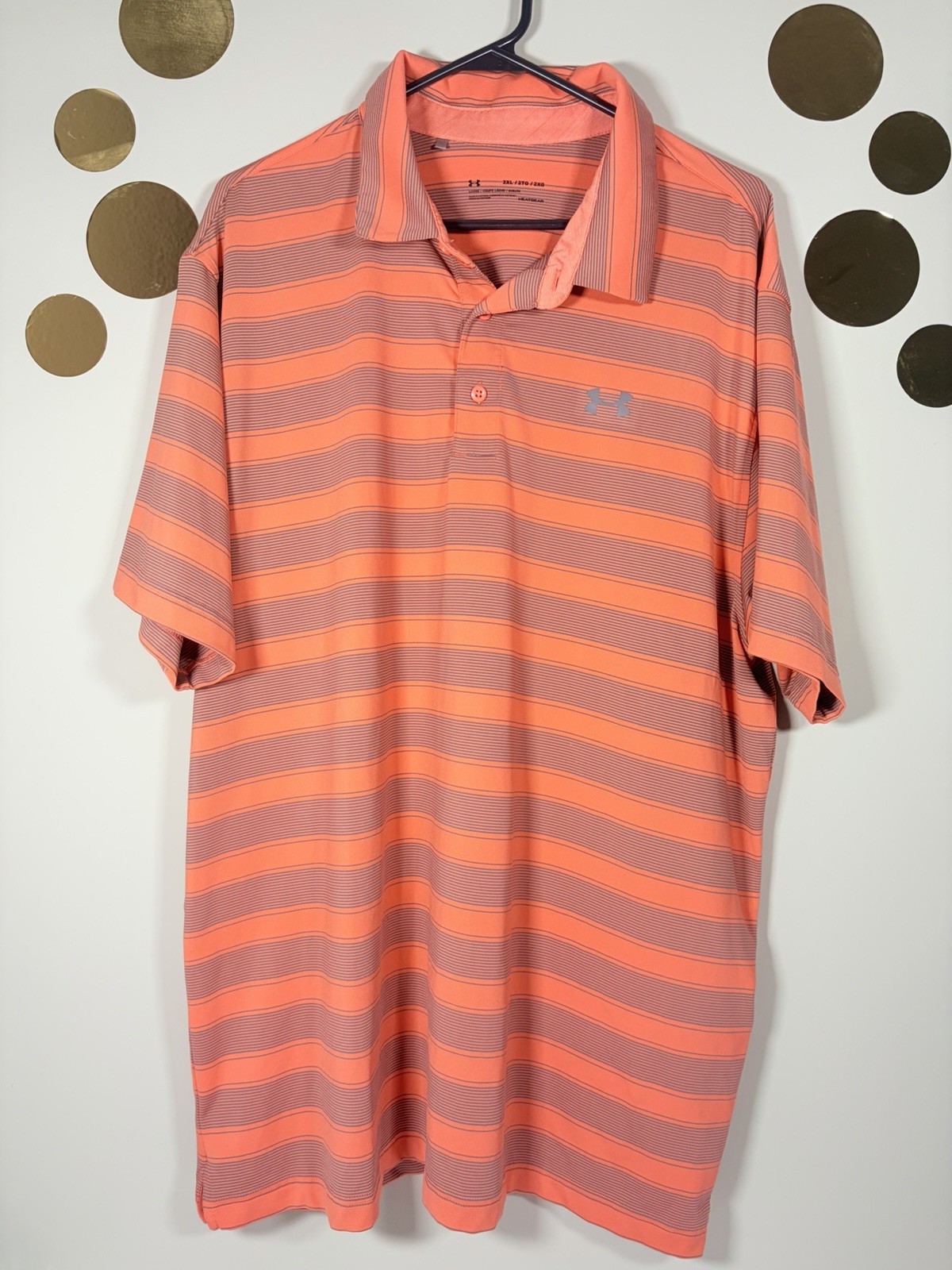 Under Armour Men’s XXL Striped Coral Orange Polo HeatGear Loose Fit Golf Shirt