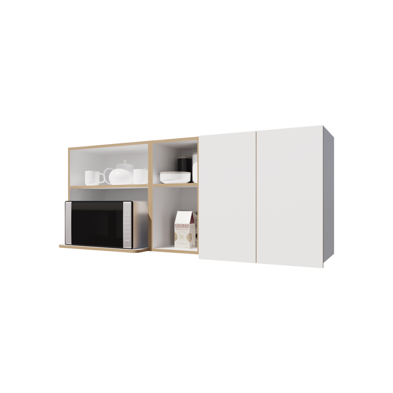 Wall-Mounted Kitchen Cabinet with Microwave Space, Open Shelves, and Double Do