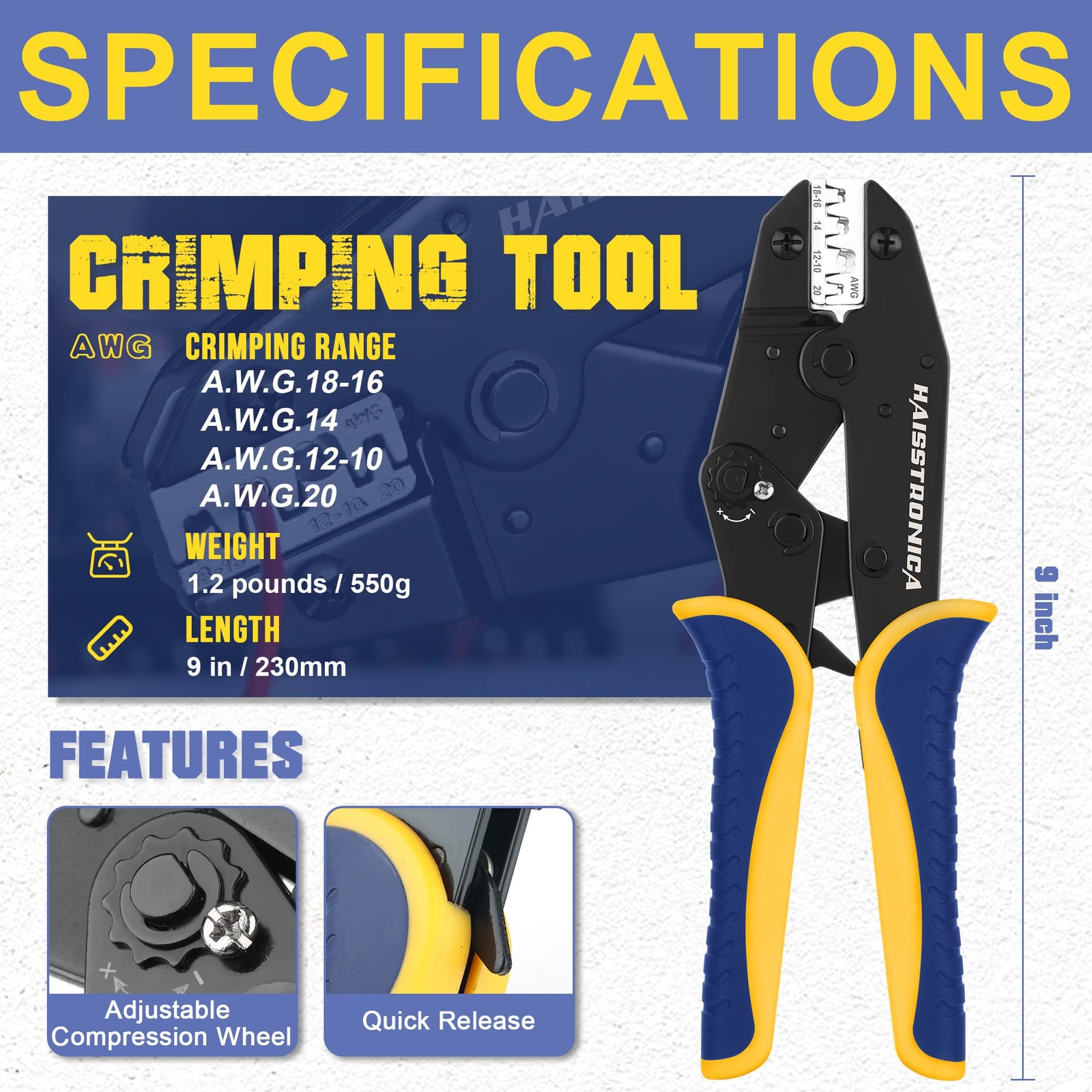 Crimping Tool AWG 20-10 Ratchet Wire Terminal Crimper HS-5327