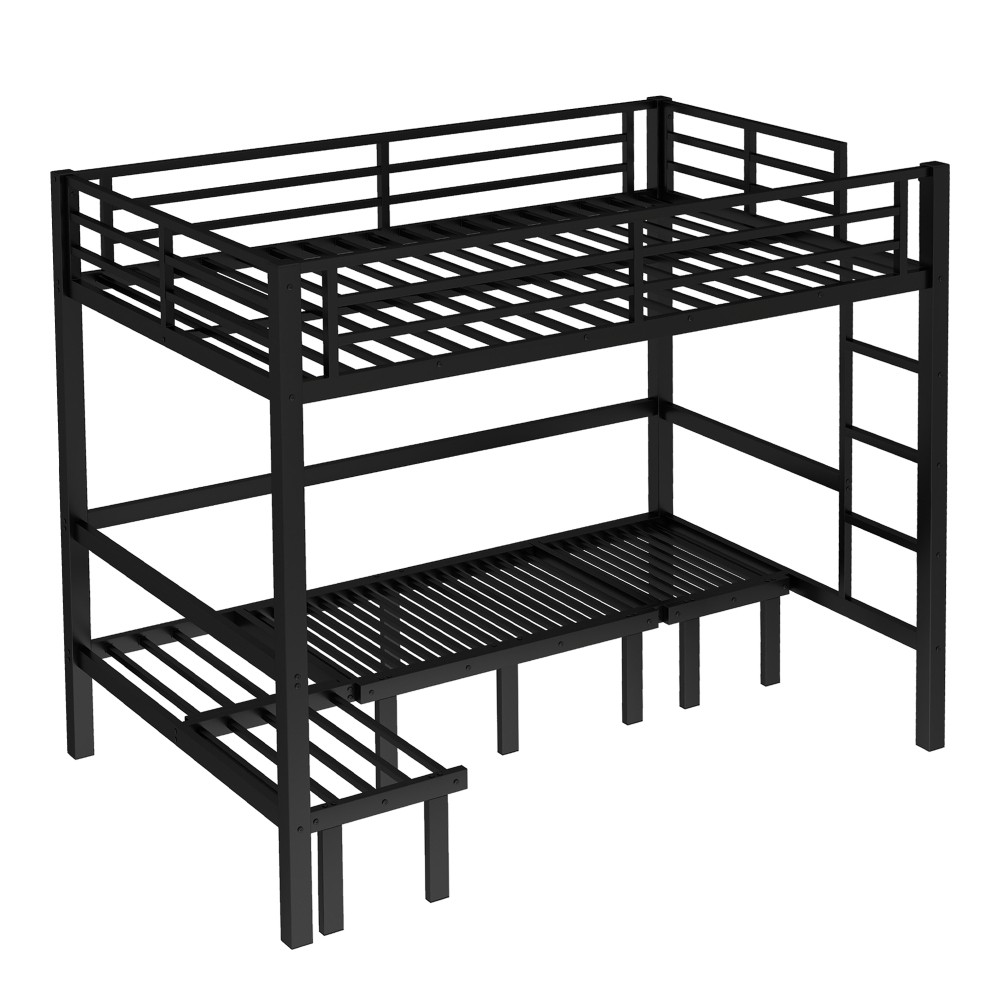 Full over Full Metal Bunk Bed - Pull-Out Lower Bunk (3 Sections) w/Safety Rails