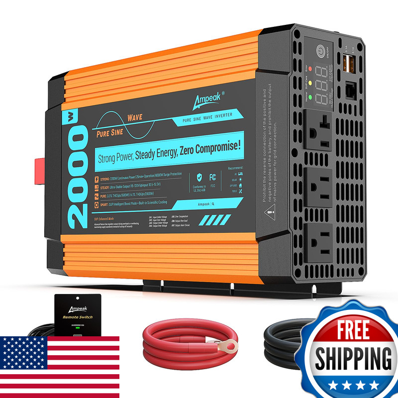 Ampeak Pure Sine Wave Inverter 2000 Watt - 6000W Surge 12V Dc To 110V Ac