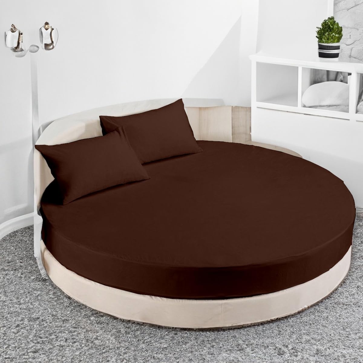 4 Piece Round Bed Sheet Set - Solid Chocolate 600 TC Cotton Pocket Upto 20" In -