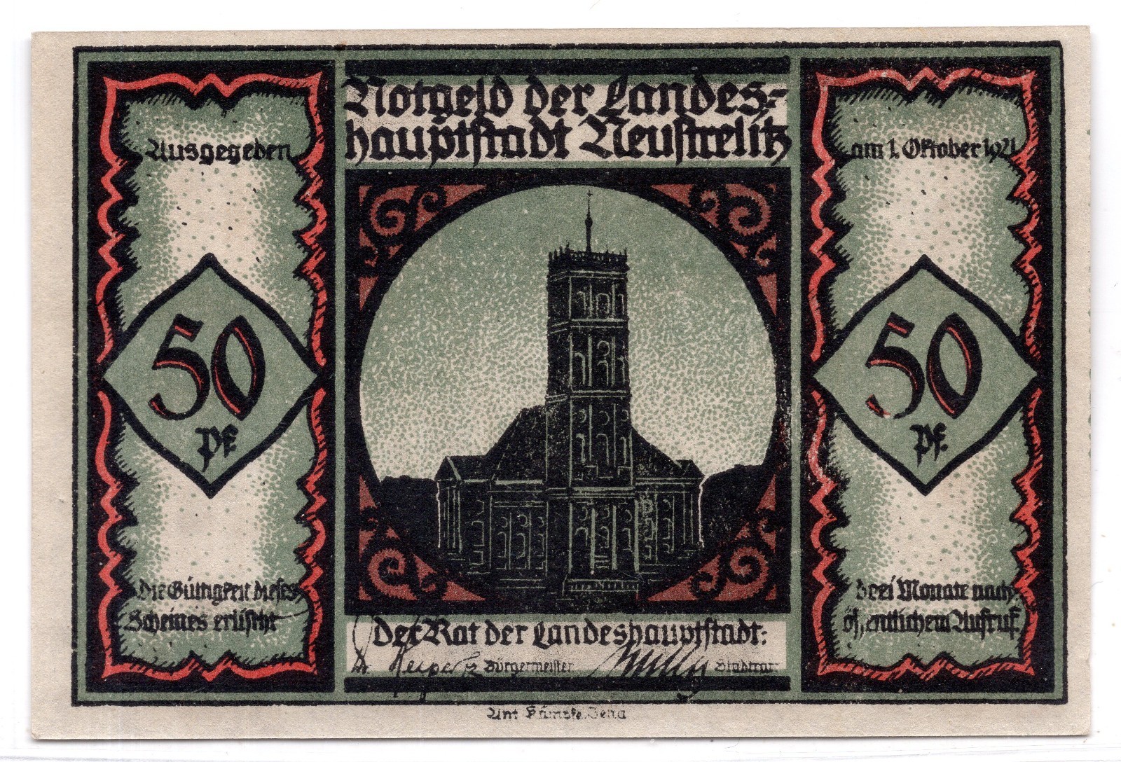 1921 Germany Neustrelitz Notgeld 50 Pfennig Note (3272)