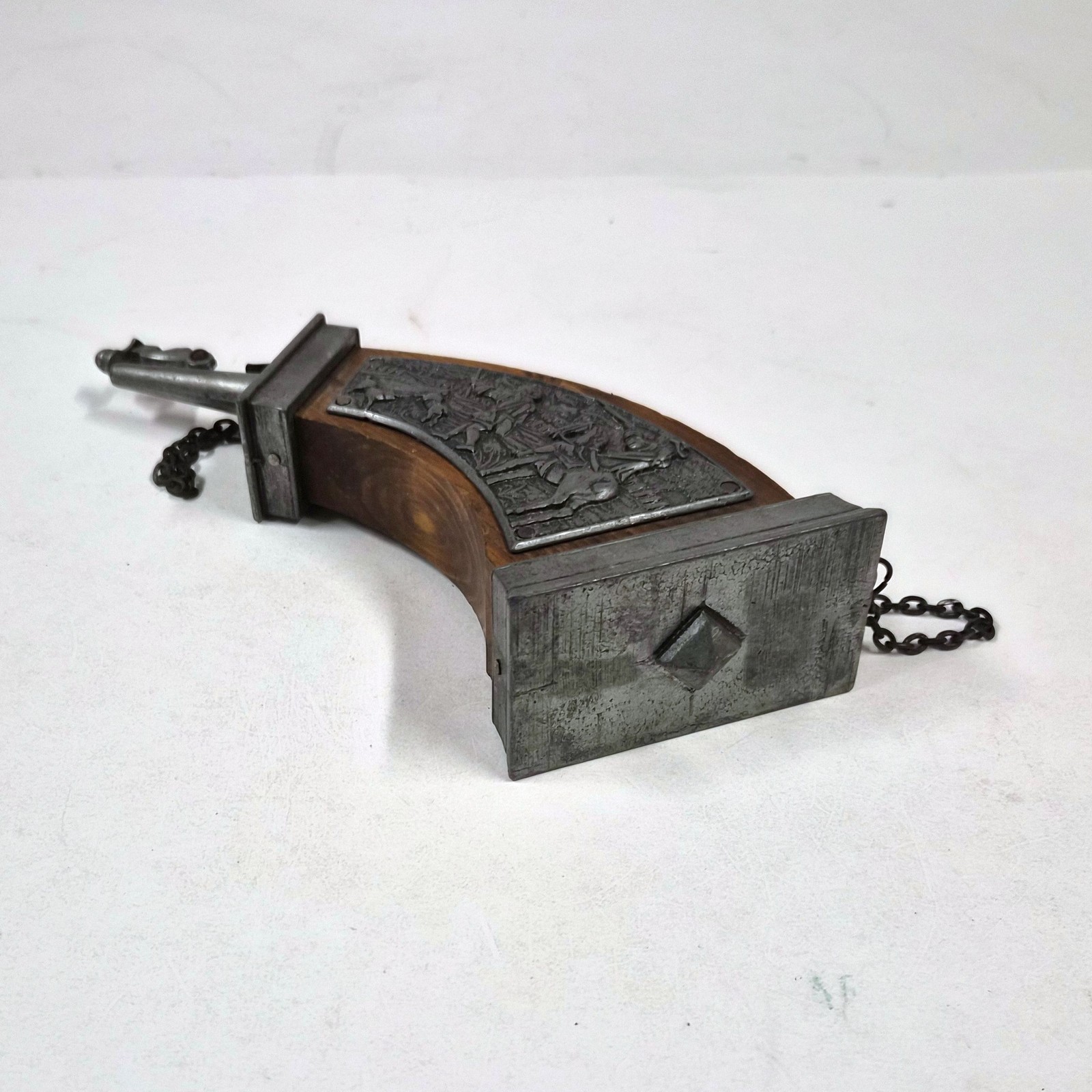 Vintage Decorative Powder Horn Flask Pewter & Wood Hunting Scene – 11.4"