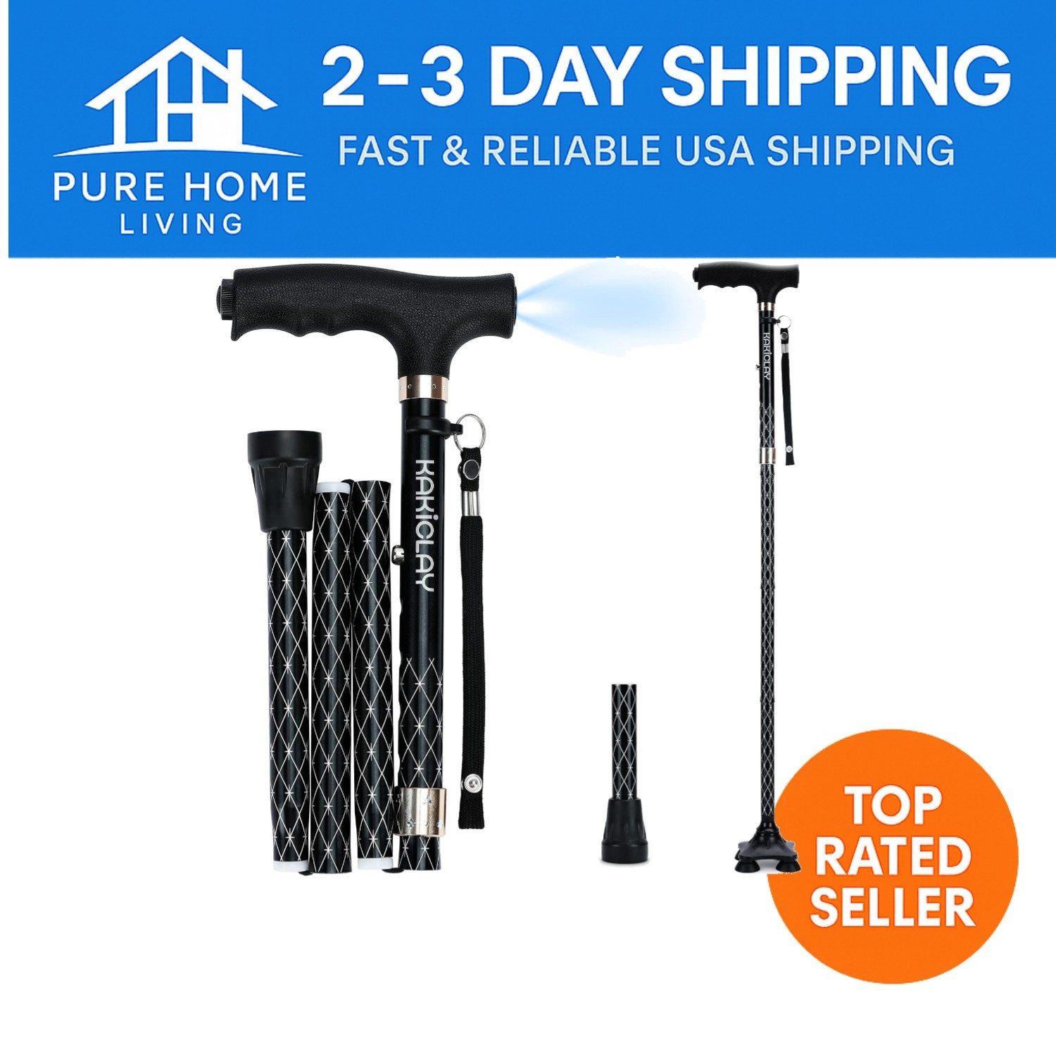 Ergonomic Walking Cane with 6 Built-In LED Lights - Adjustable & Travel Ready