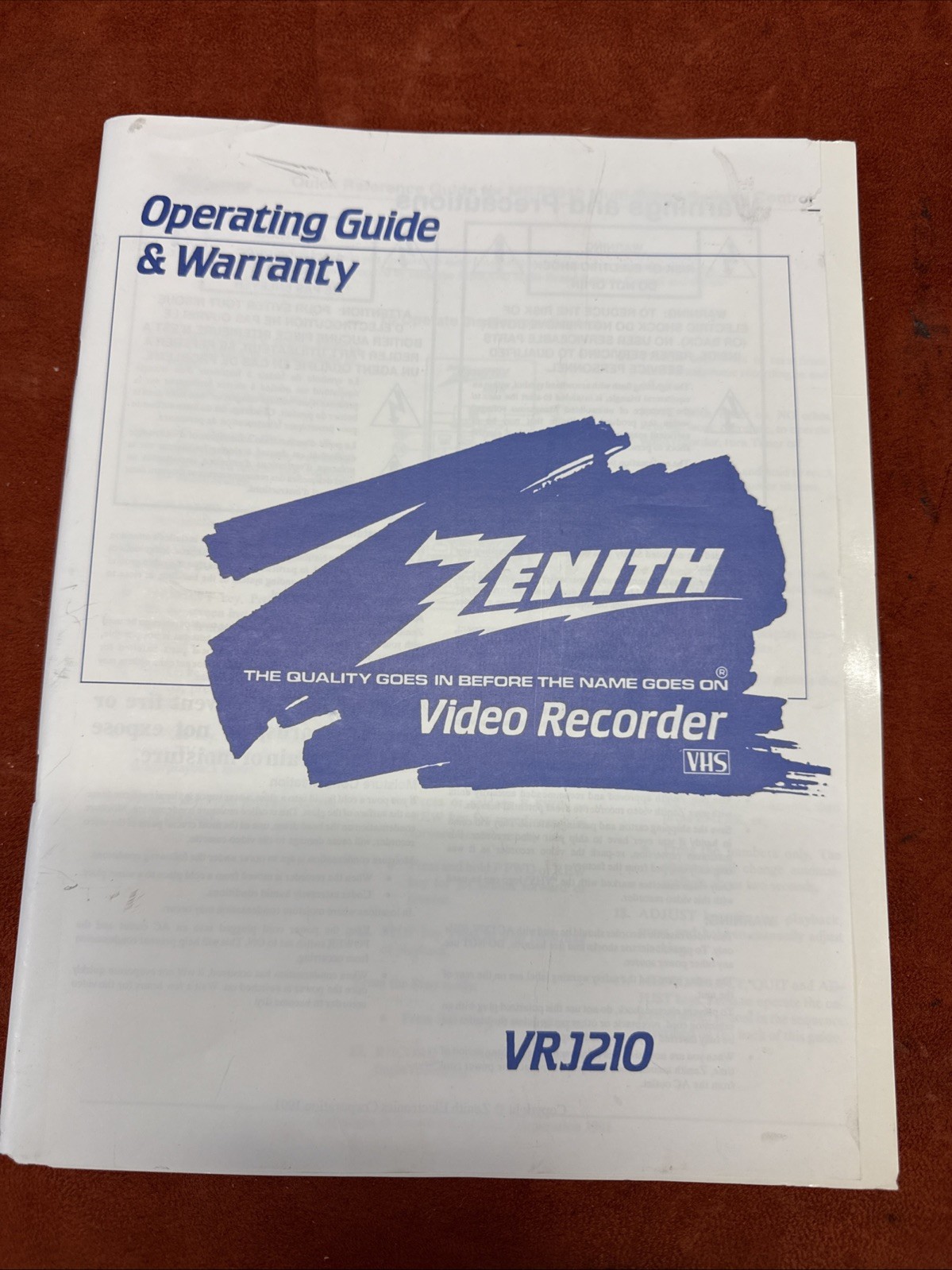 ZENITH VCR Operating Guide and Manual for VRJ210 w (Untested Remote)