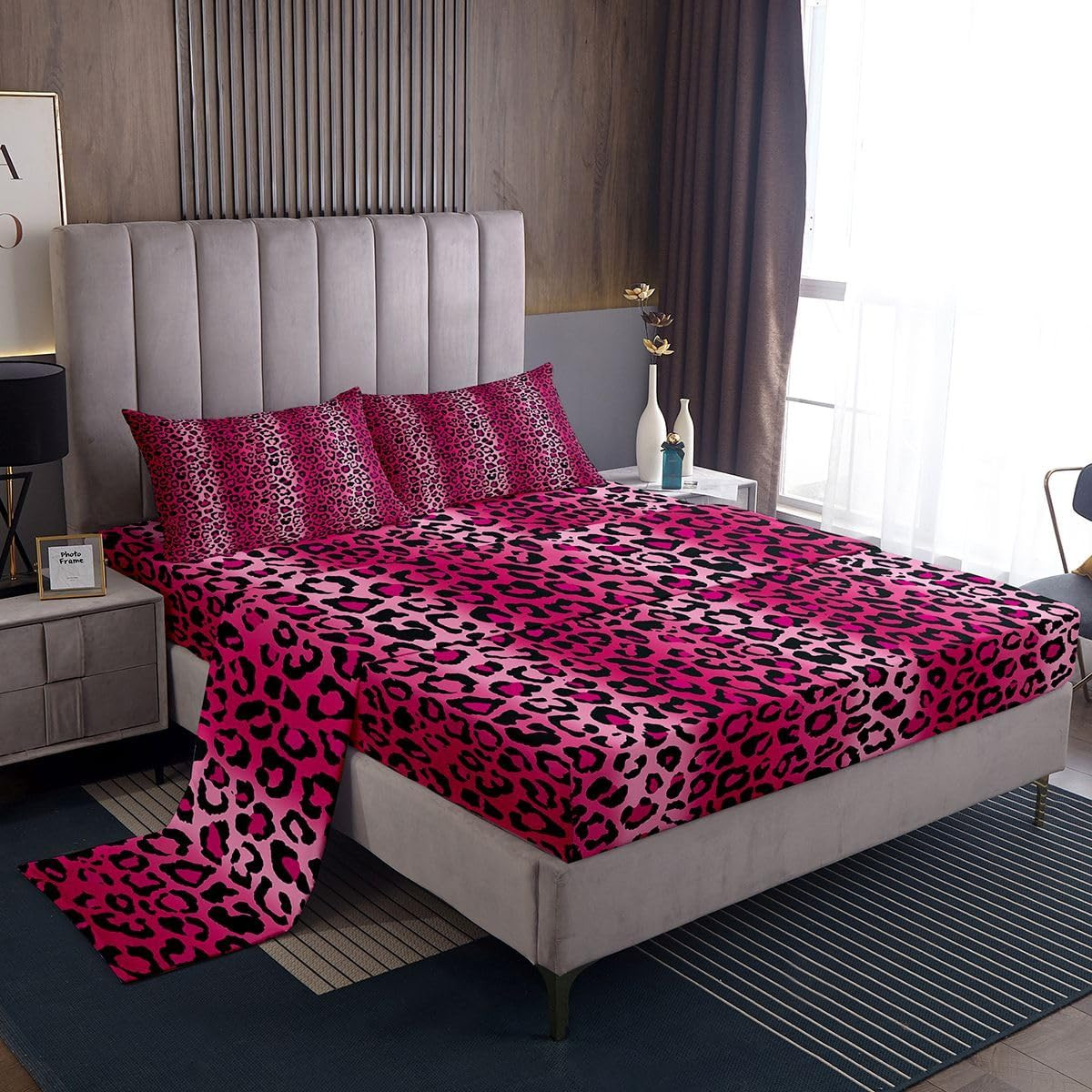 Leopard Print Fitted Sheet Women Cheetah Print Bed Sheet Set for Kids Girls Pink