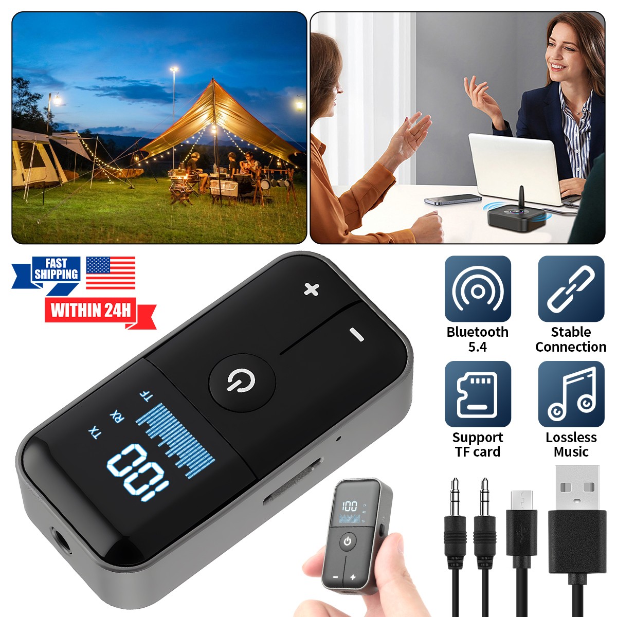 Bluetooth 5.4 Transmitter Receiver Combo with TF Card Slot 20H Playtime Type-C