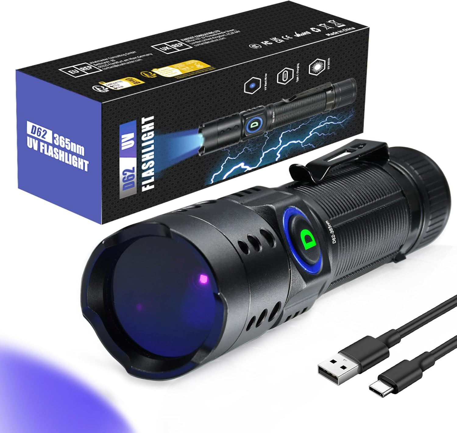 UV Flashlight 365nm Rechargeable Blacklight LED Pet Urine Detector Resin Cure
