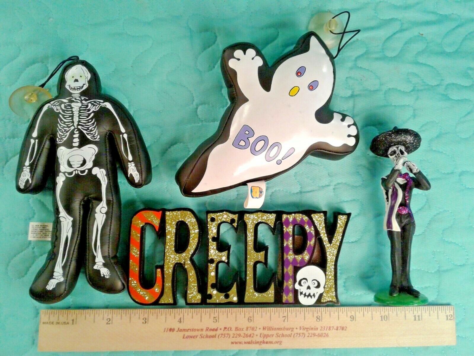 4 HALLOWEEN Items Creepy Sign 5" Skelton 2 Hanging Stick on Window Toys Ghost