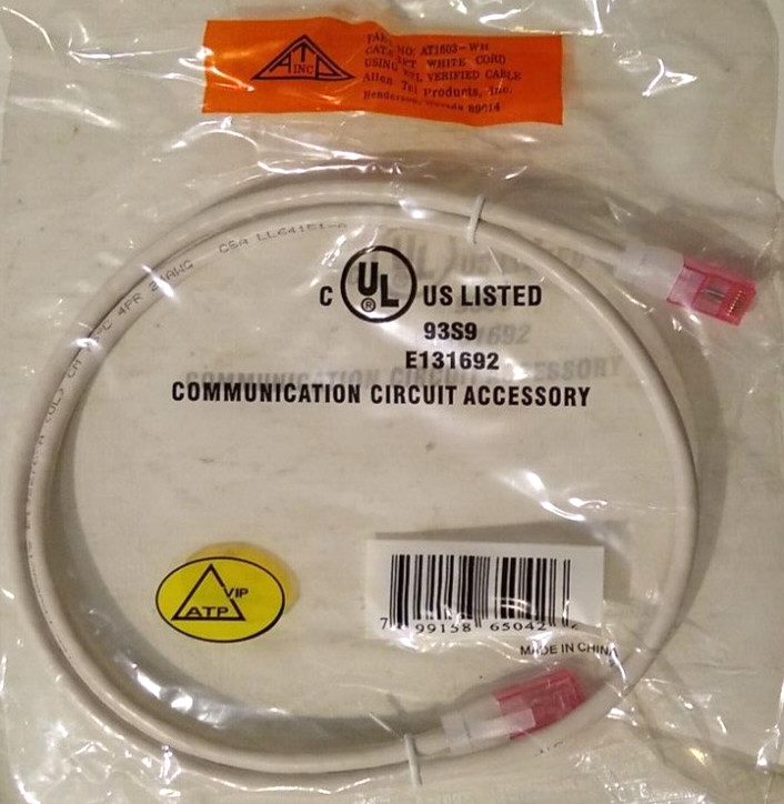 ATP Cat6 3FT LAN Ethernet Patch Cable White AT1603-WH Allen Tel Fire Retardant
