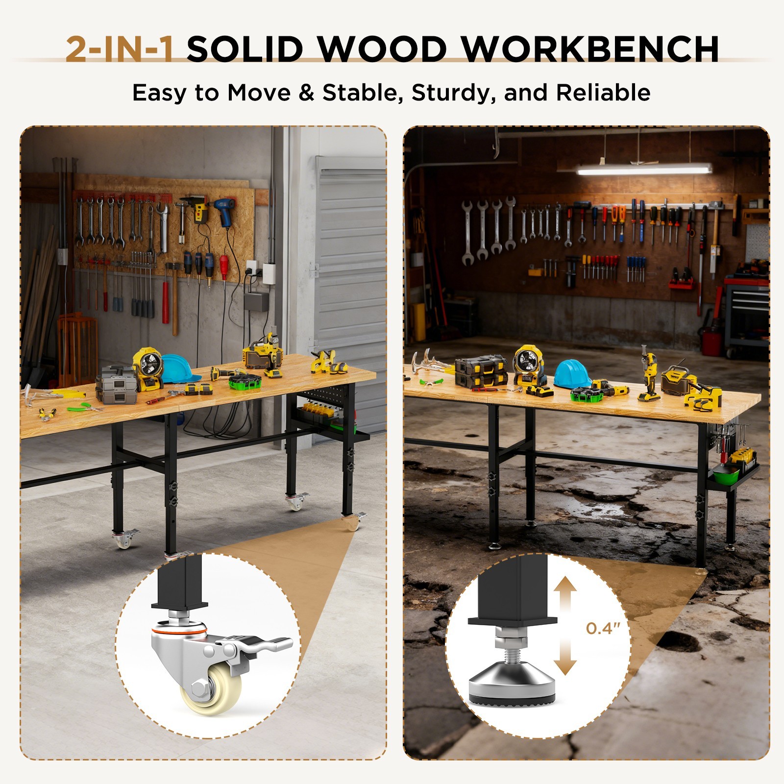 Adjustable 96" Workbench Solid Wood 2000lbs Power Outlet Pegboard Storage