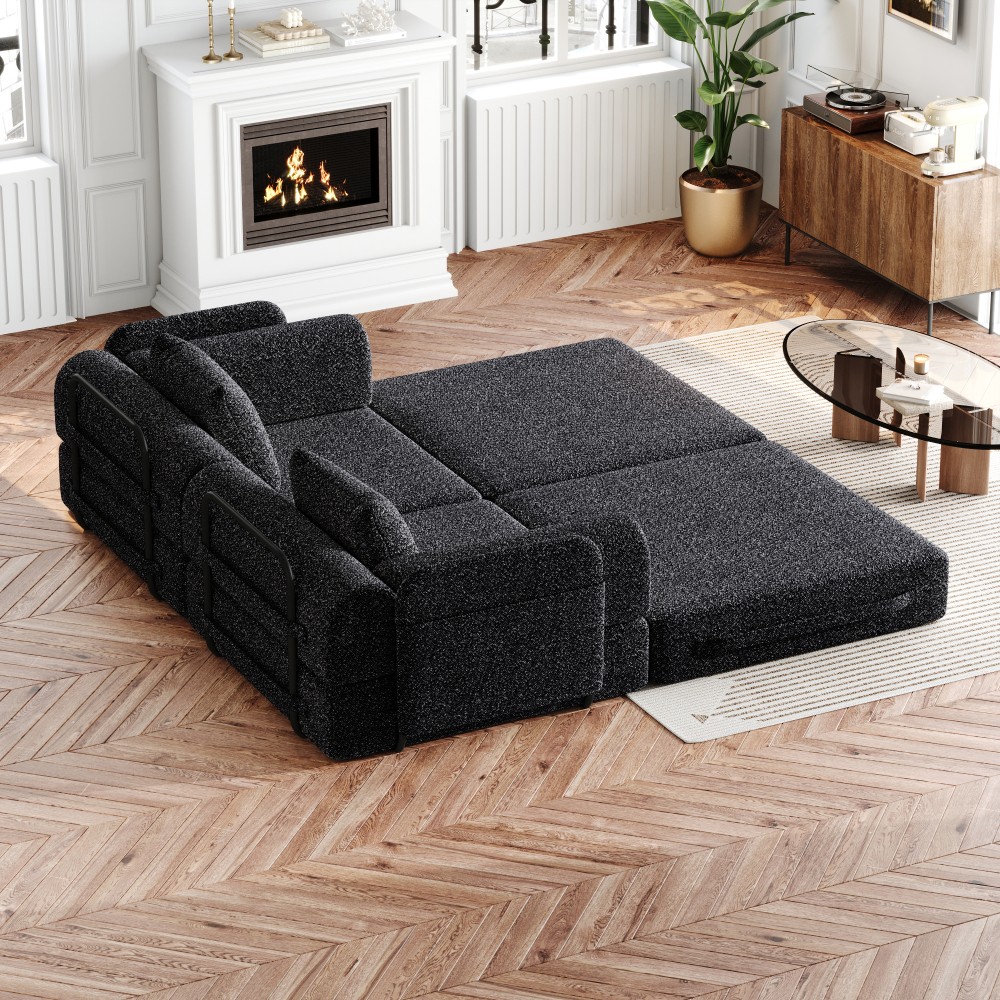 72.4" Convertible Sofa Bed w/ Storage Pockets, Black Chenille Fabric