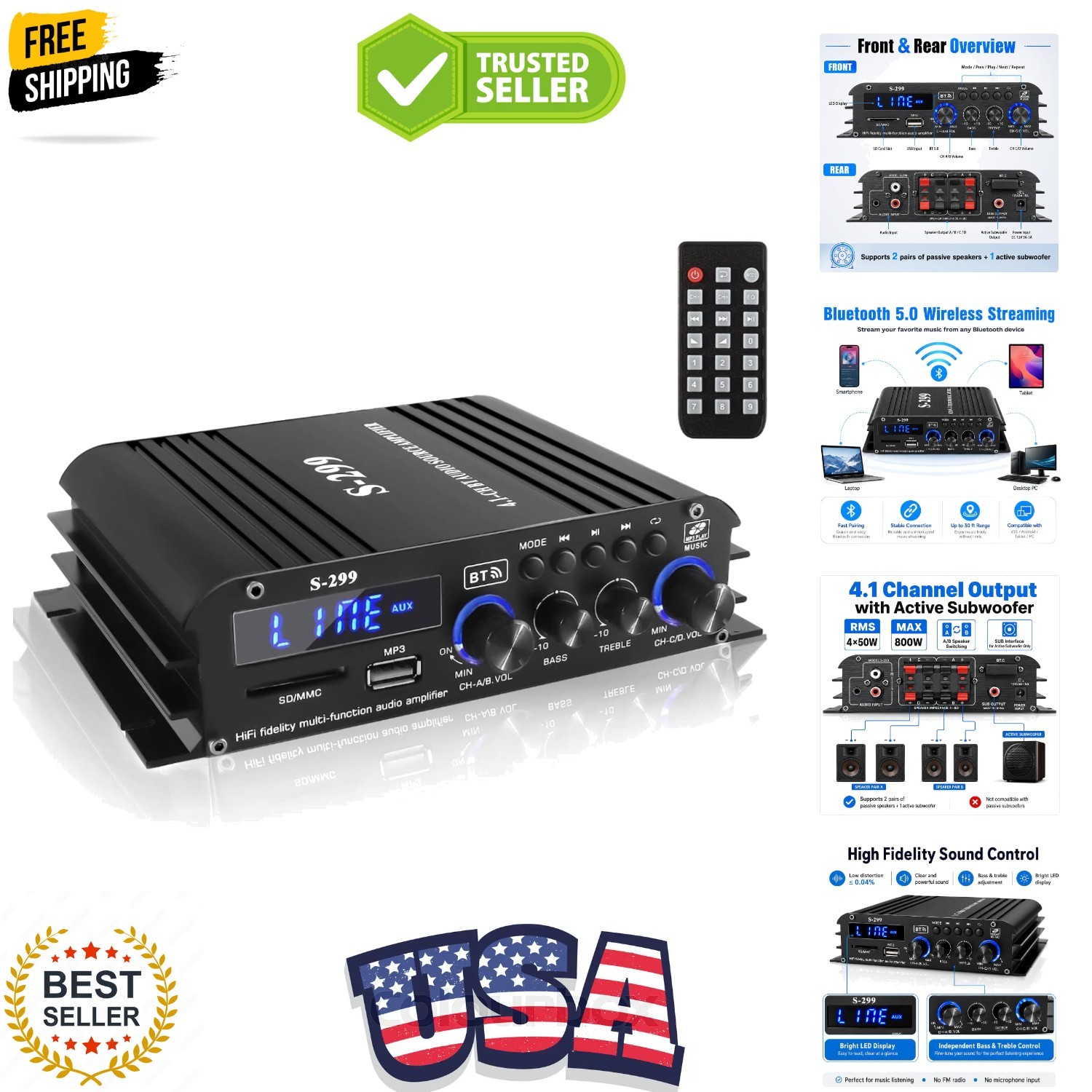 4.1 Channel Home Audio Amplifier Receiver, Bluetooth 5.0 Mini Amp with Subwoo...