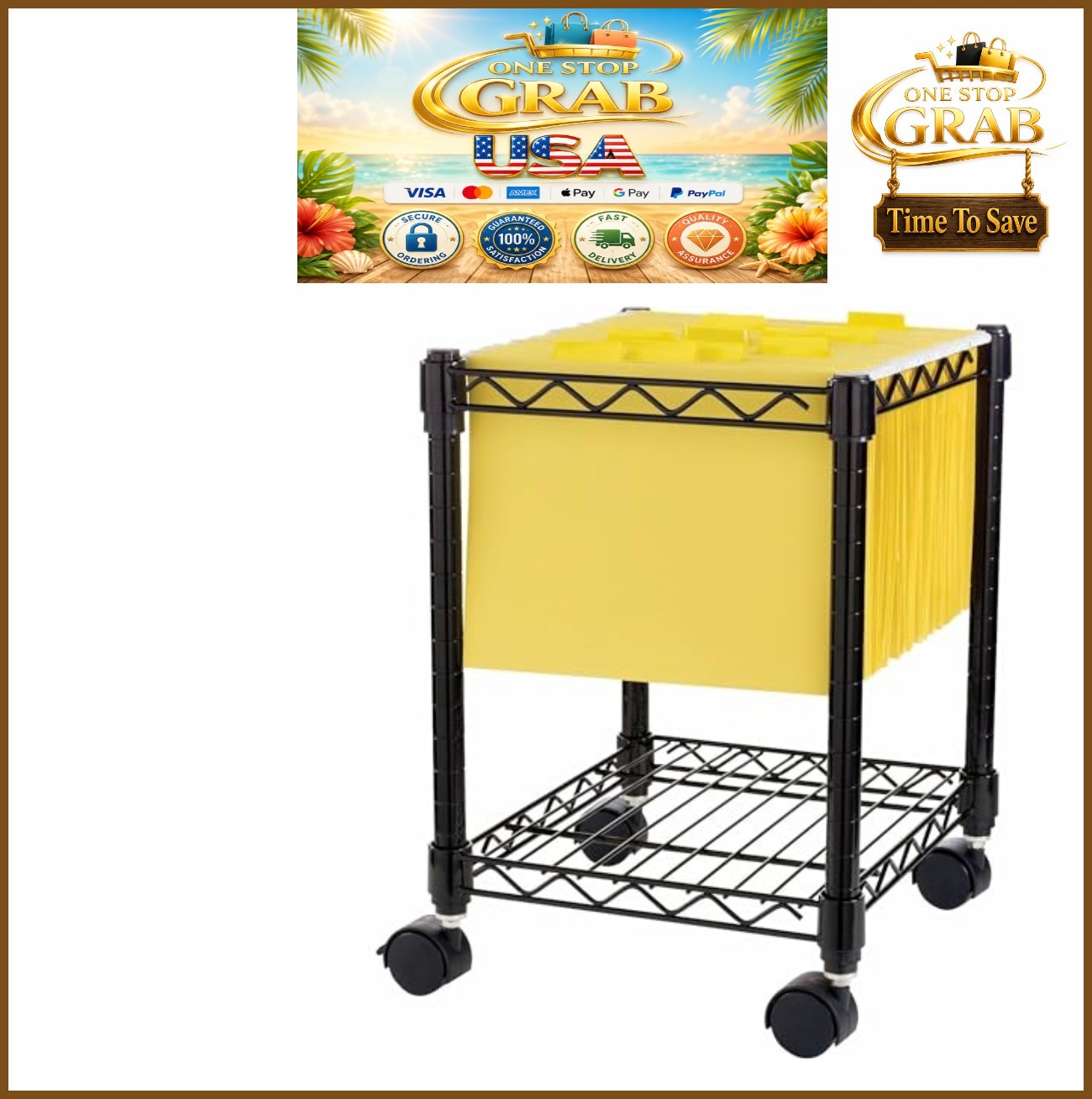 Mobile Wire File Cart Letter Size Hanging Files Black Metal 4 Caster Wheels