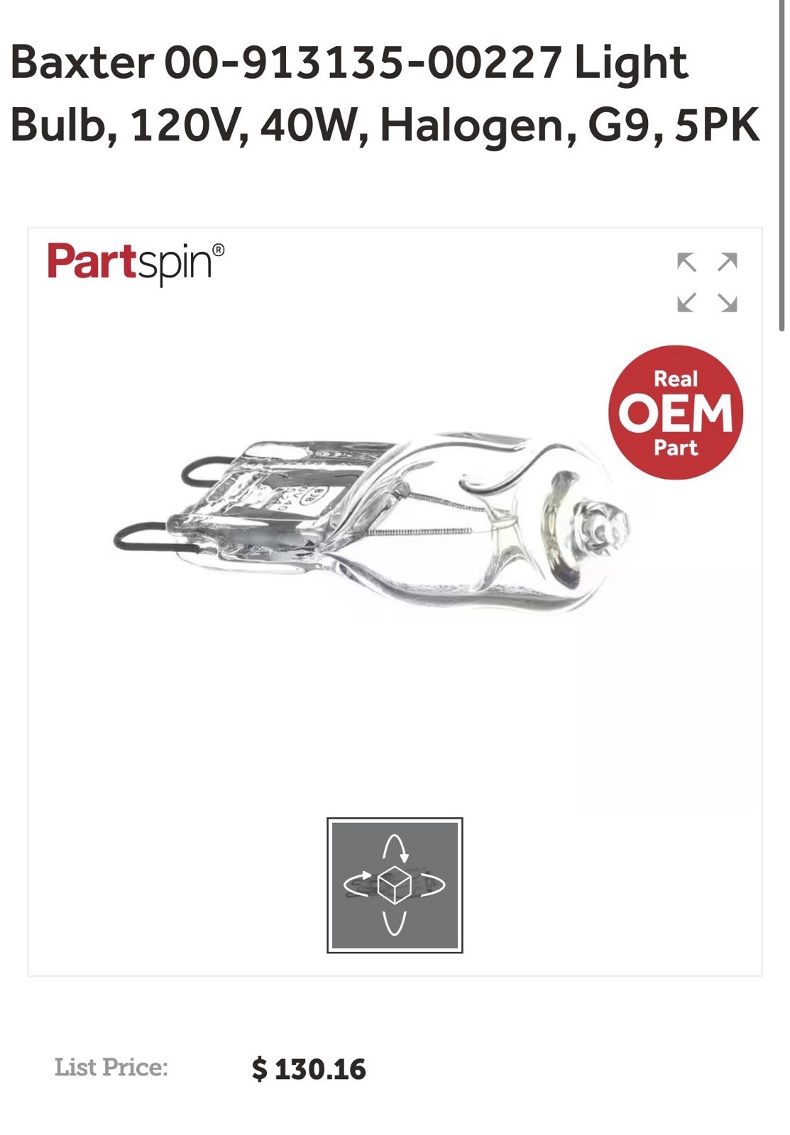 Baxter 00-913135-00227 LightBulb, 120V, 40W, Halogen, Pack of 5 pcs