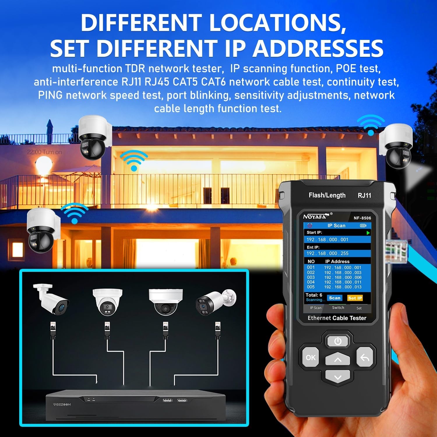 Handheld Network Cable Tester with Ping Function and Cable Length Measurement