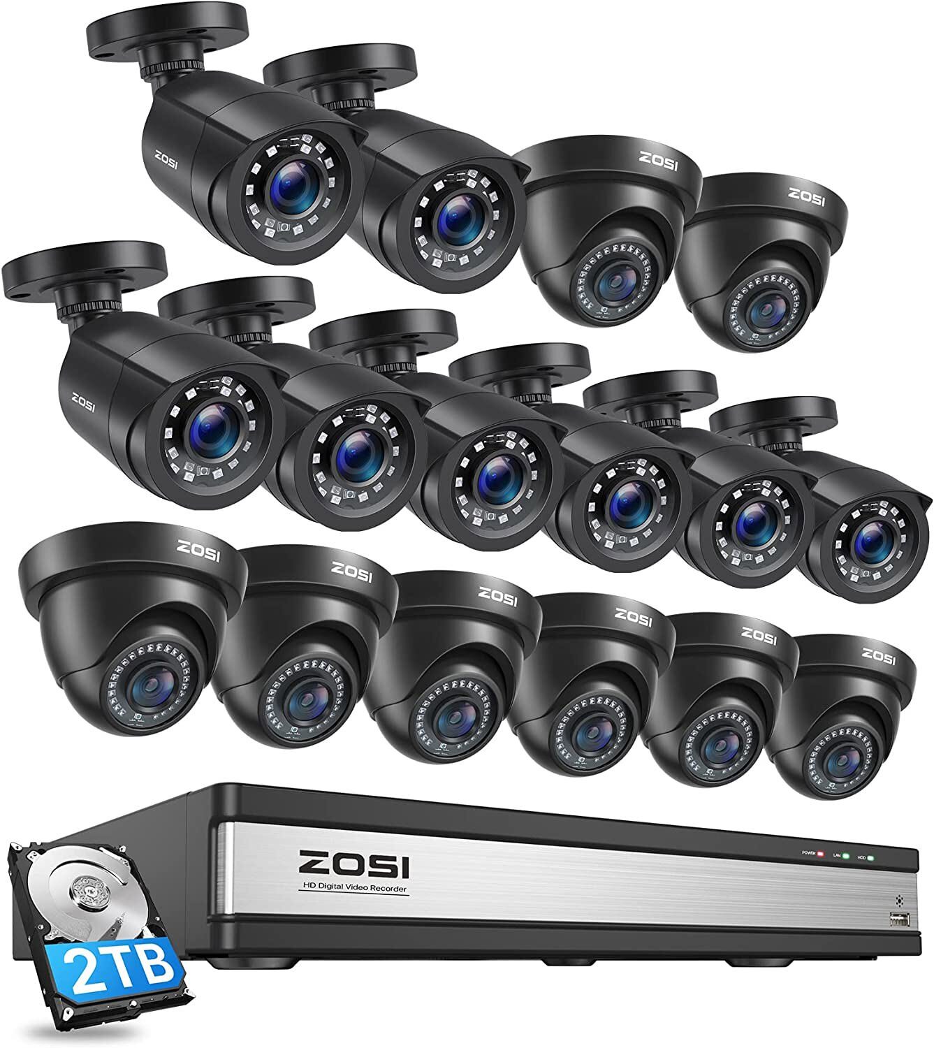 ZOSI 16ch 5MP Lite DVR 1080P Home Security Camera System 2TB HDD CCTV System