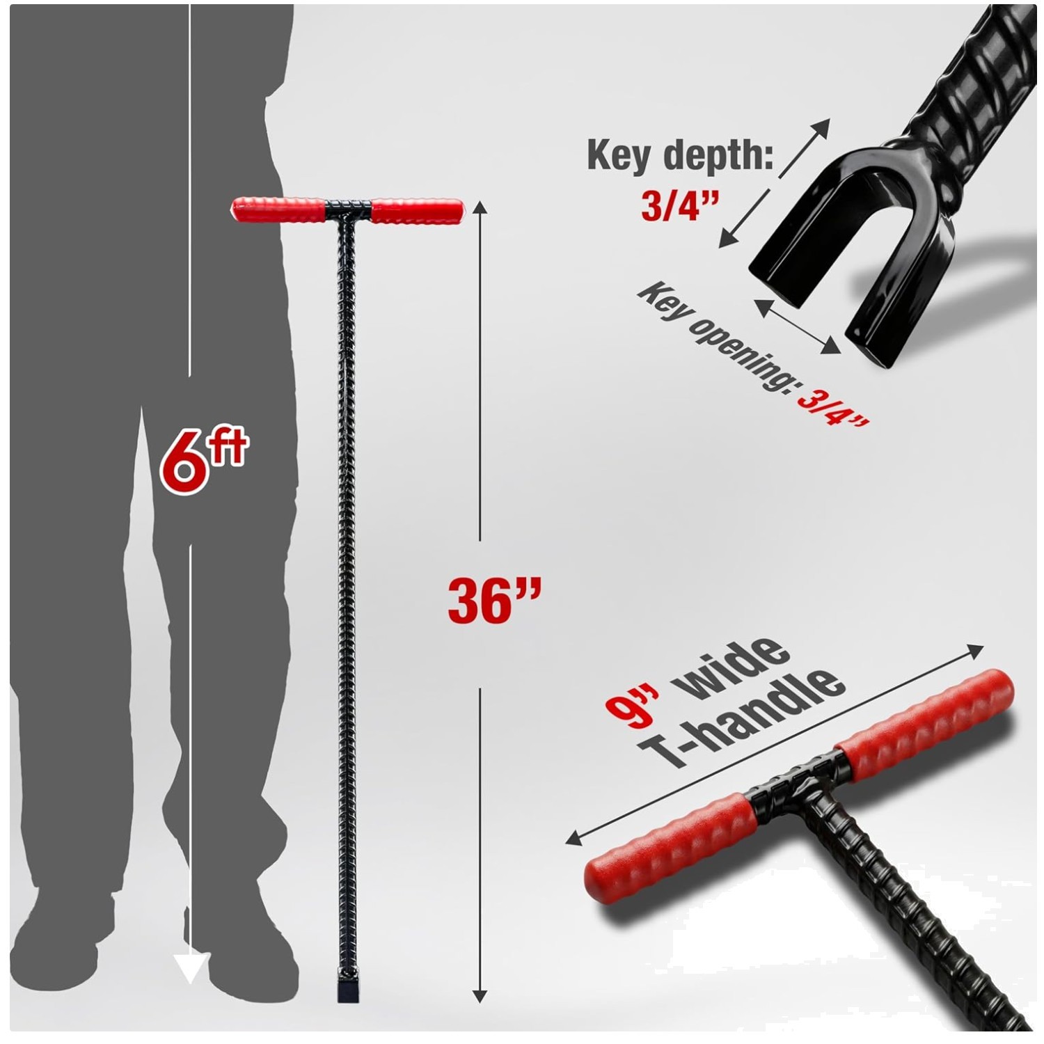36" Water Meter Key - Steel T-Handle Tool