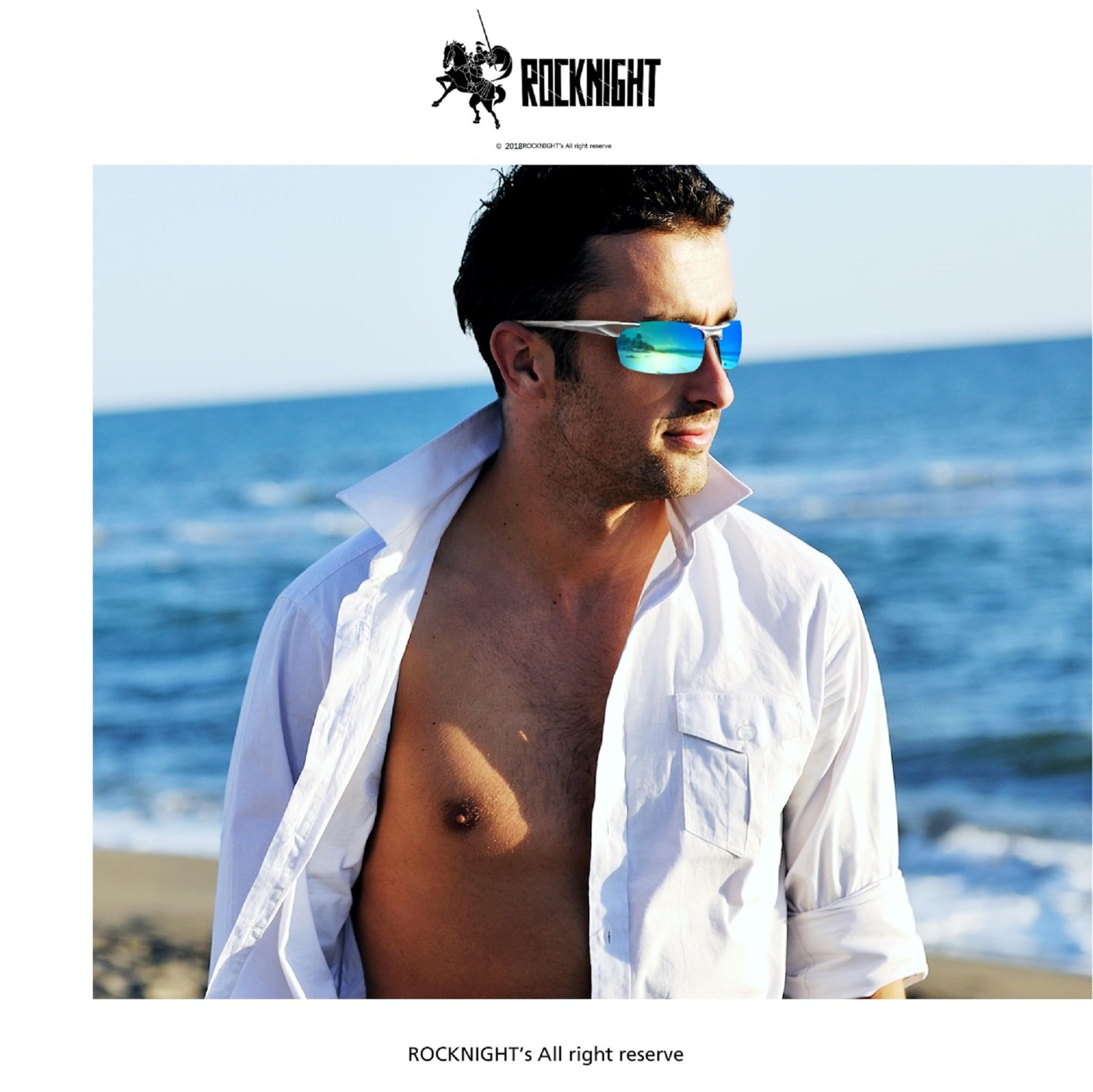 ROCKNIGHT Polarized Rectangular Sunglasses for Medium, Silver Frame/Blue Lens