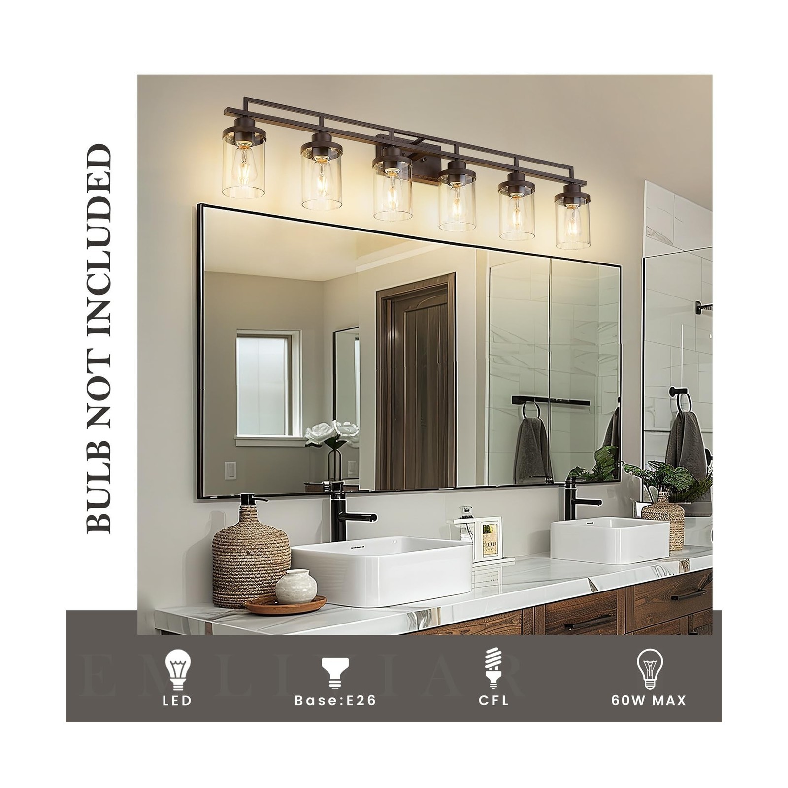 Emliviar 6-Light Bathroom Vanity Light Fixture, 44.3" Farmhouse Wall Lamp for...