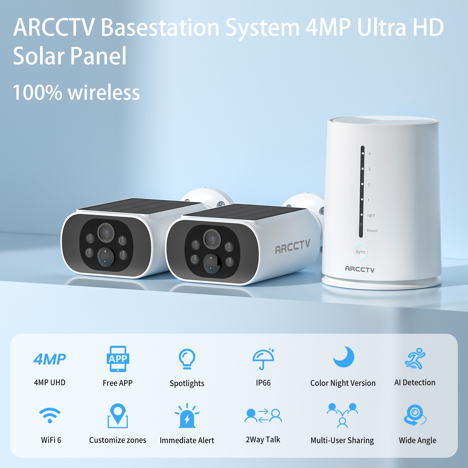 4MP Solar Security Camera System Wireless Outdoor 2 Way Audio WiFi 2 Camera Kits