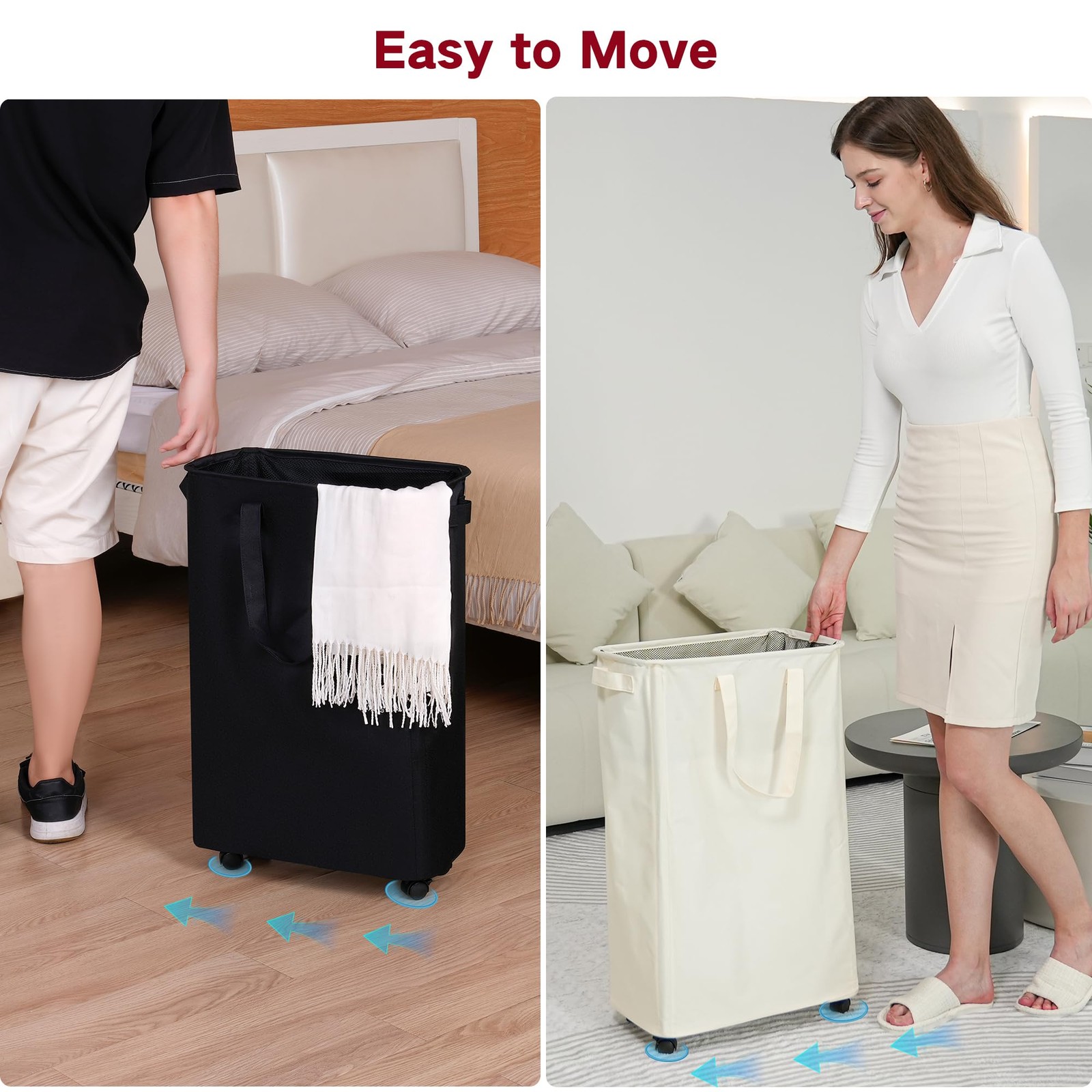 efluky Slim Laundry Hamper with Wheels, Rolling Basket for 60L, Beige