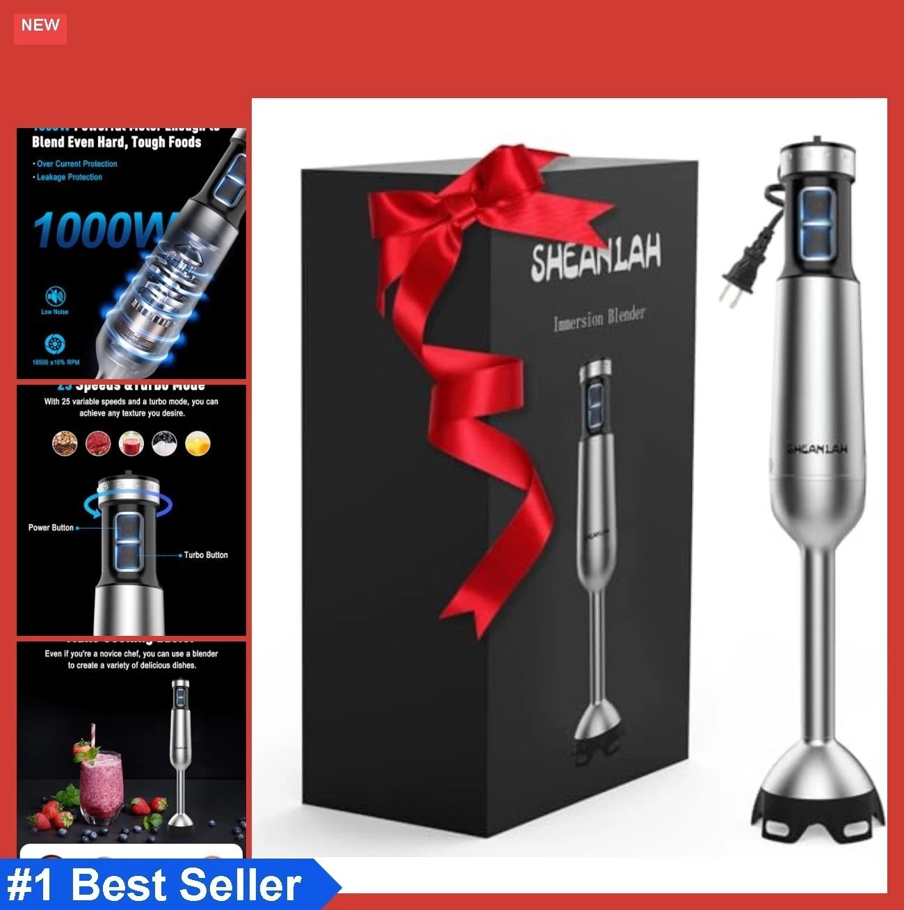 Immersion Blender 1000W 25 Speed Titanium Blades Stainless Steel Corded Hand