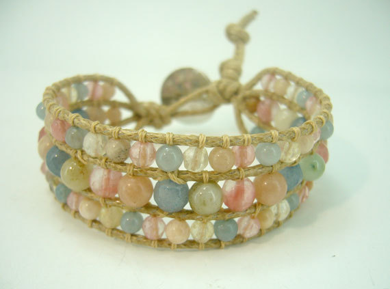 Handmade Leather Wrap Bracelet -Aventurine, Cherry Quartz- Thailand 6.5"+
