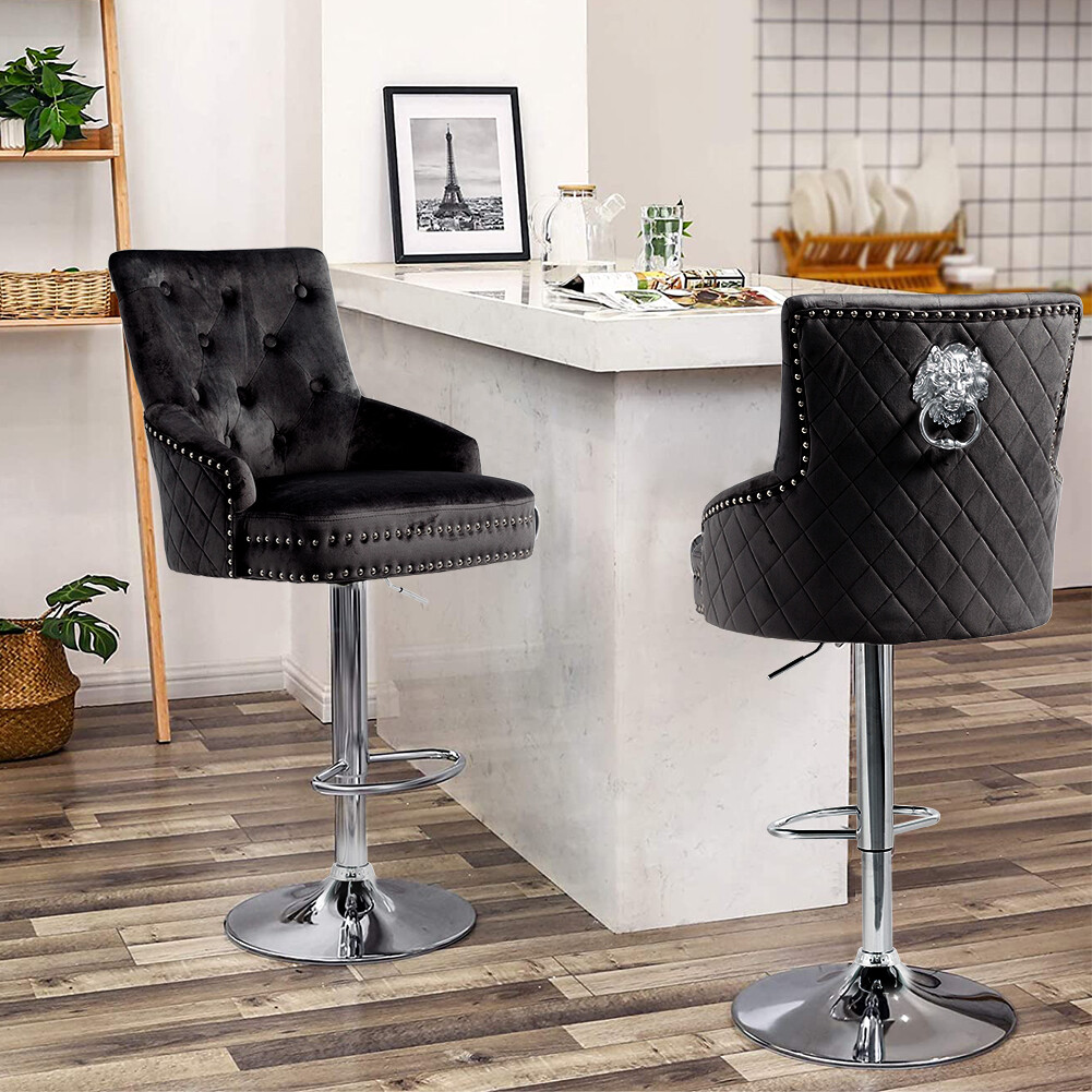 Extra Large Velvet Bar Stool Heavy Duty Adjustable Breakfast Chair w Stable Base