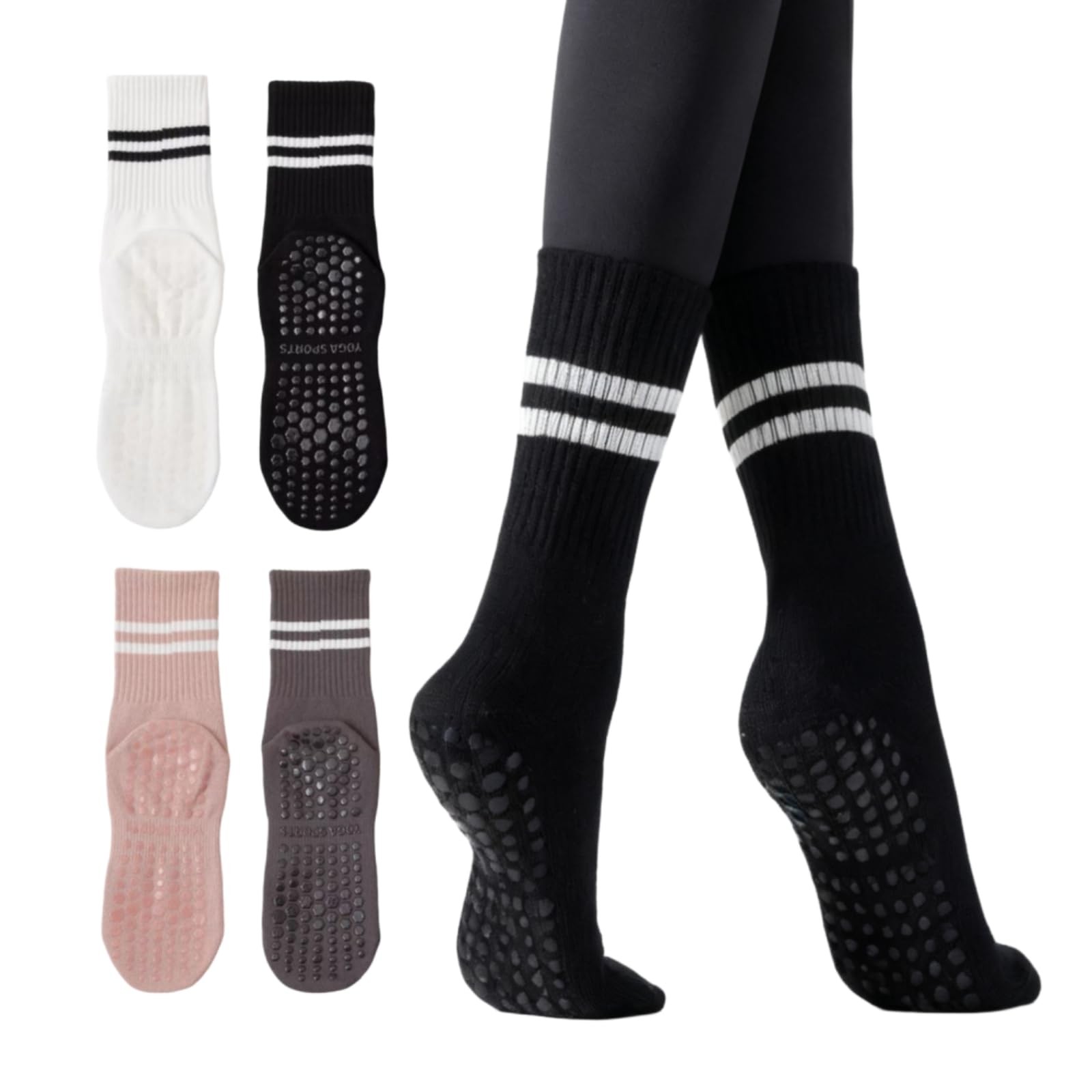 Yoga Socks with Non-Slip Grips for Women - 4 Pairs Pilates, Barre, Gym, Dance...