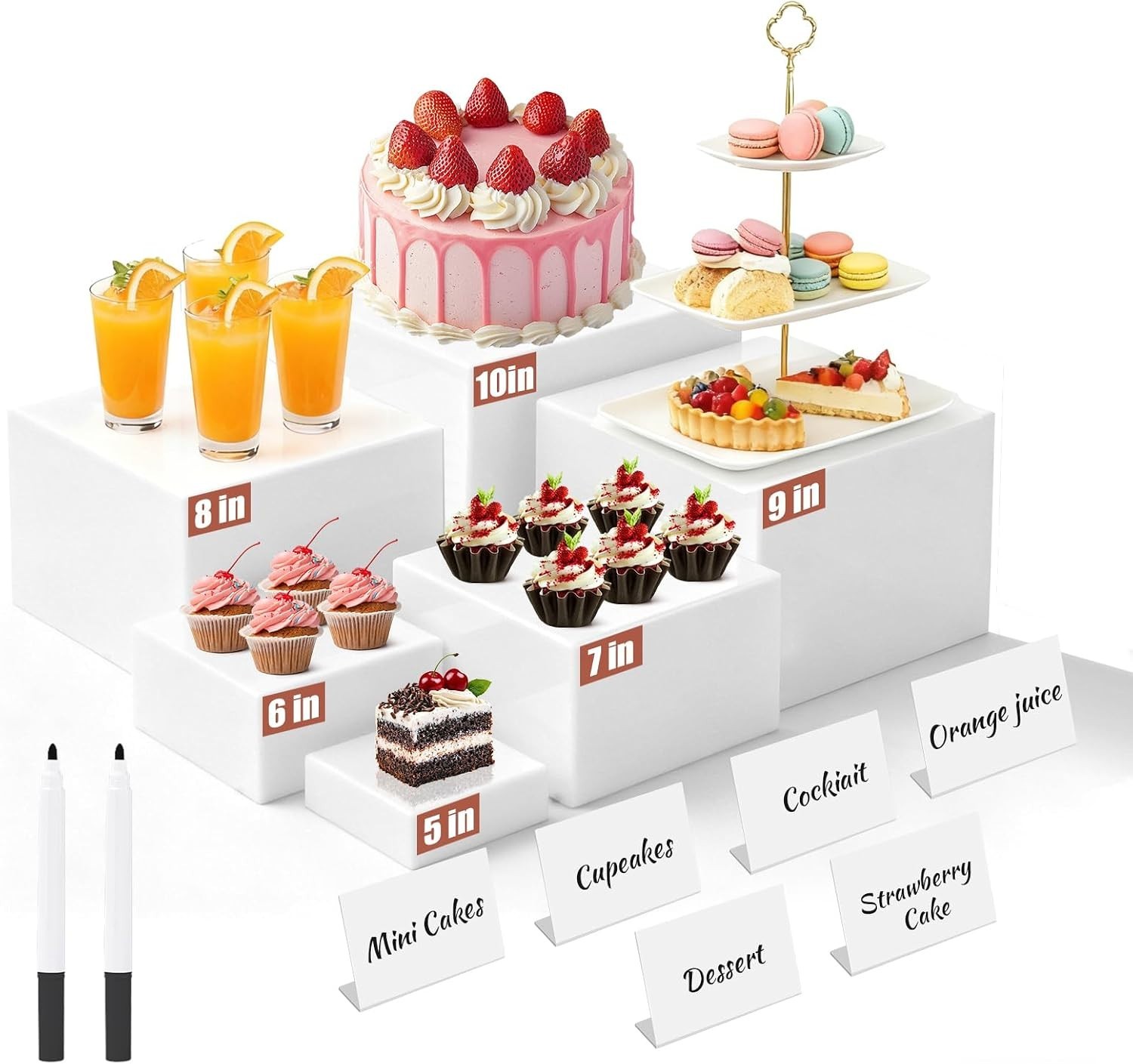 Elegant 6-Piece Acrylic Food Risers Set with Mini Signs for Buffets and Desserts