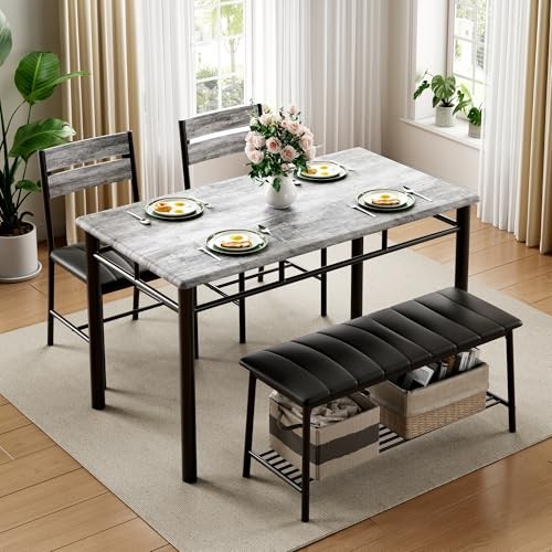 Dining Table Set for 4, Kitchen Table with Upholstered Bench and 2 Grey