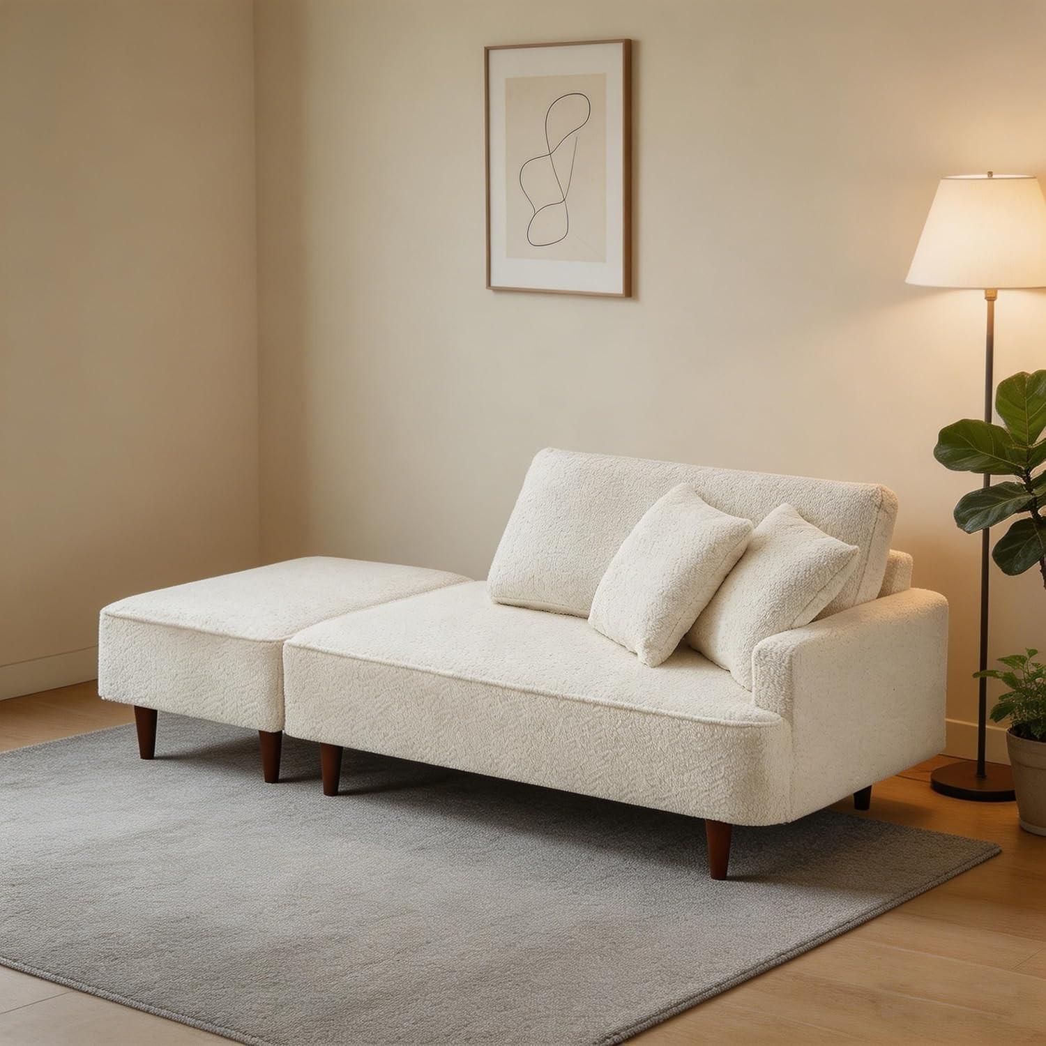 Left Facing Boucle Upholstered Chaise Lounge with Ottoman Set, Modern Minimalist