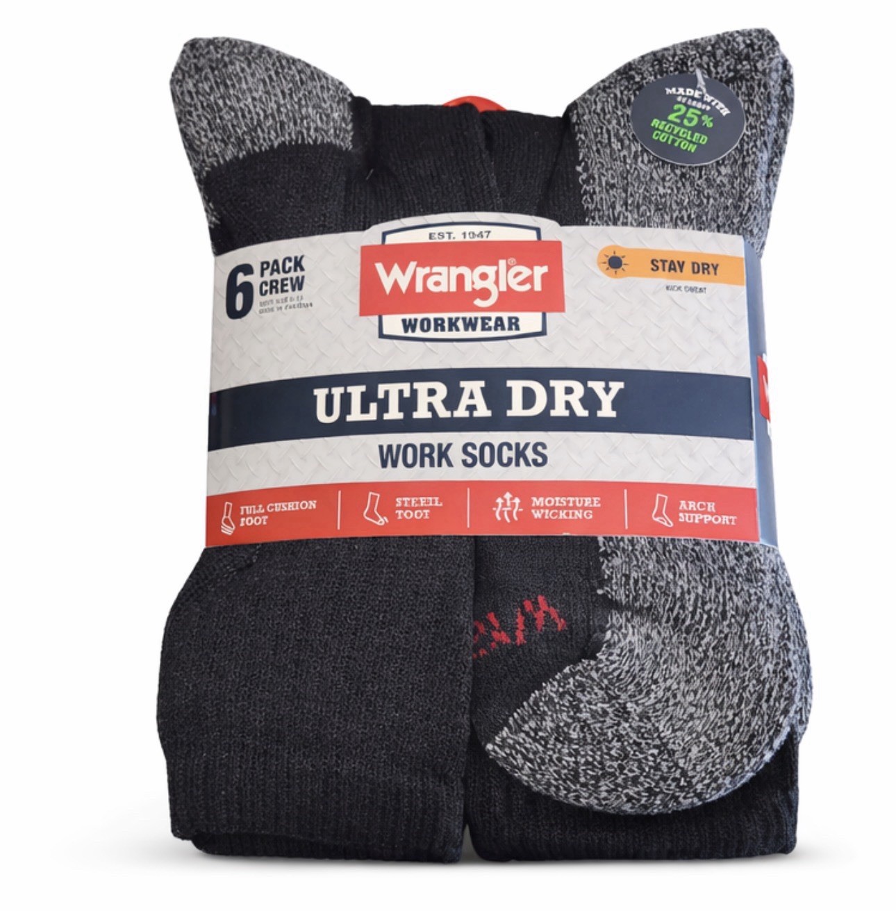 Wrangler Ultra Dry Work Socks 6-Pack Crew Size 6-12 Cushioned Moisture Wicking