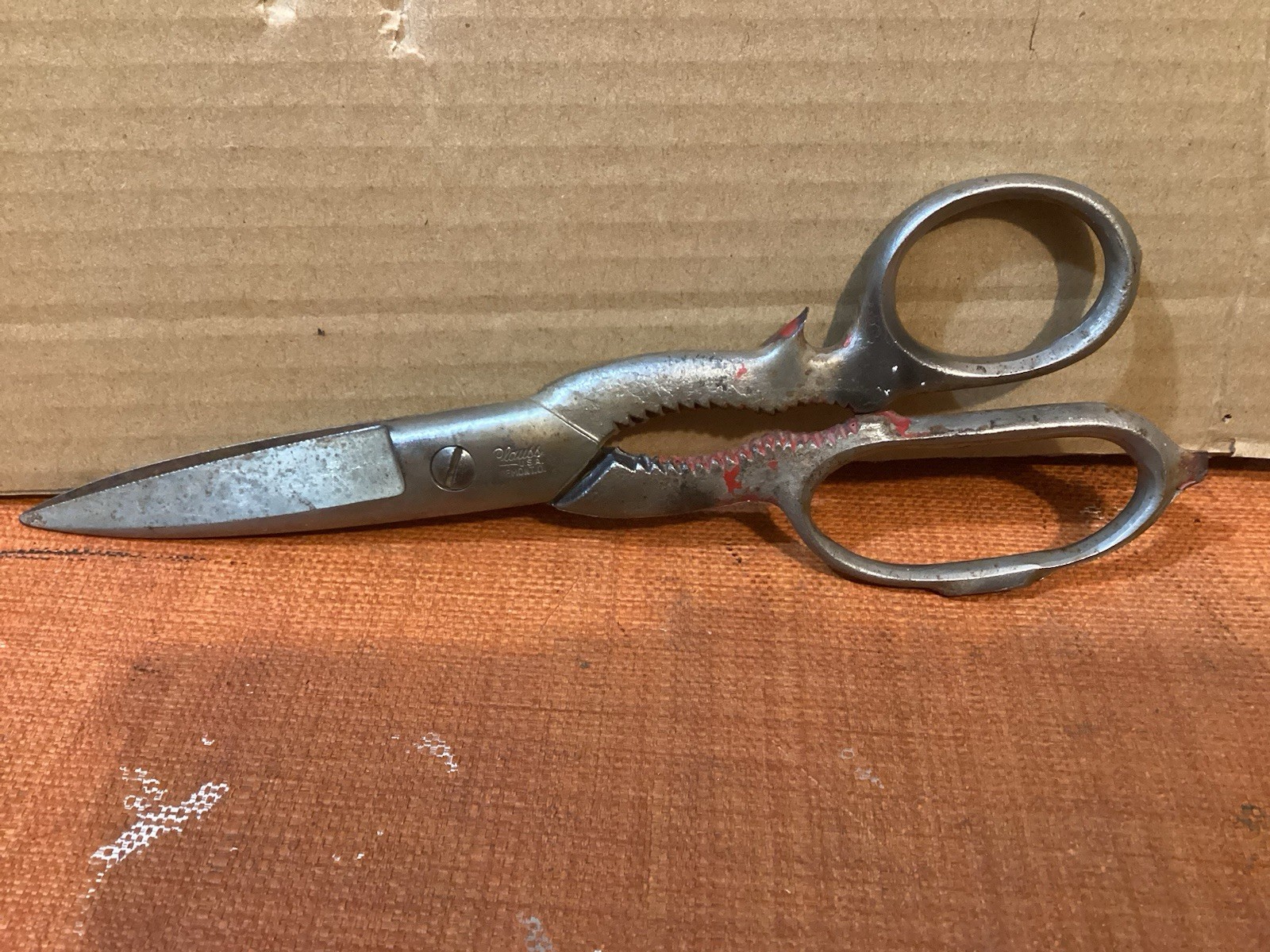 Vintage Clauss KS8 Scissors Faded Red Handles Kitchen Cast Metal USA Used