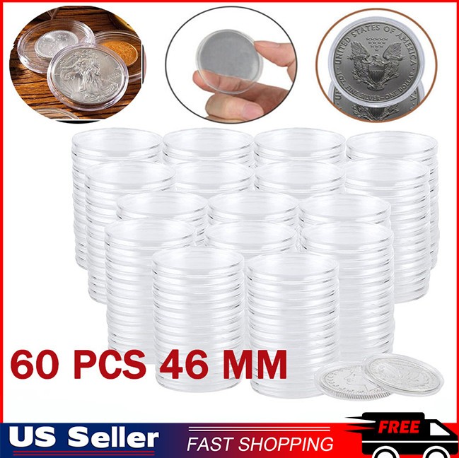 60PC 46mm Clear Coin Storage Box Round Plastic Case Capsules Container Holder