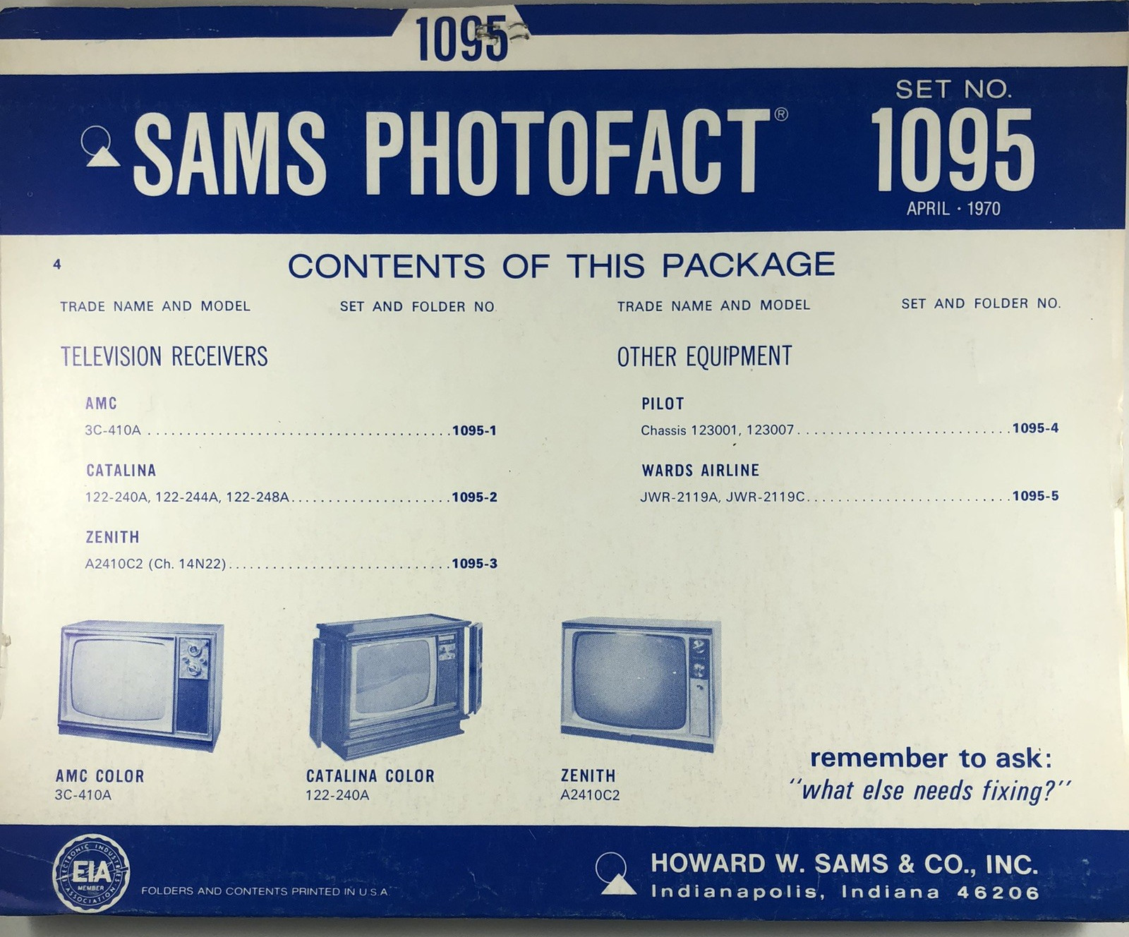 SAMS PHOTOFACT FOLDER SET NO. 1095, 1970, SCHEMATICS & SERVICE MANUALS