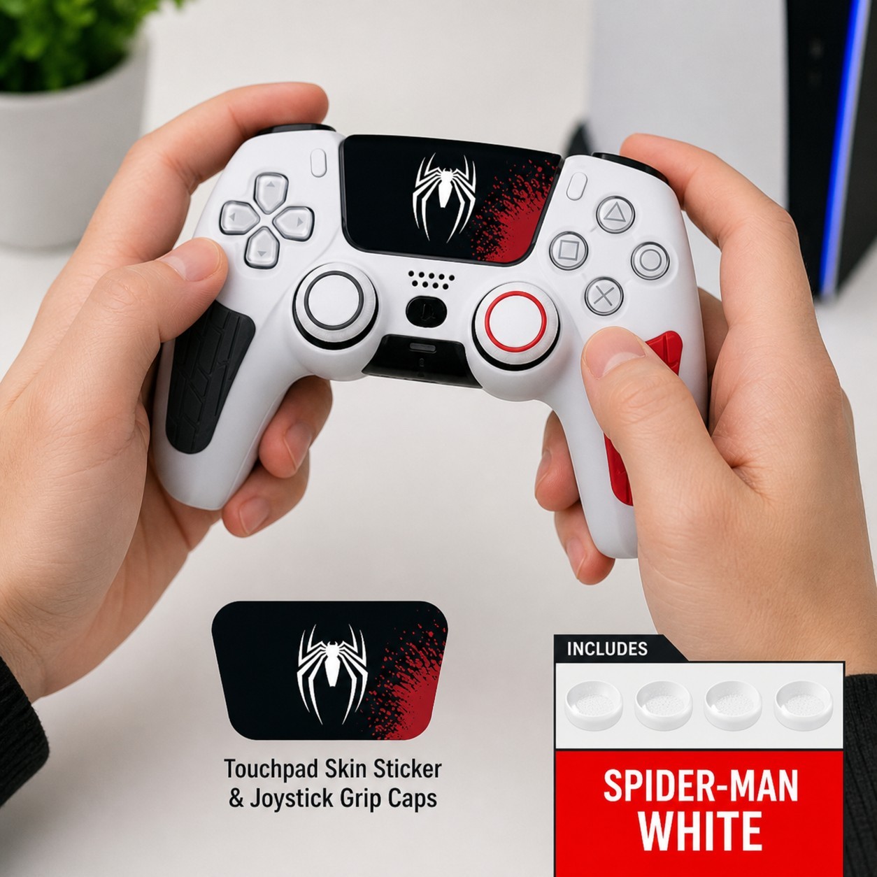 Spider/Inspired White Controller Skin Kit - Touchpad Decal And Grip Cap Sets