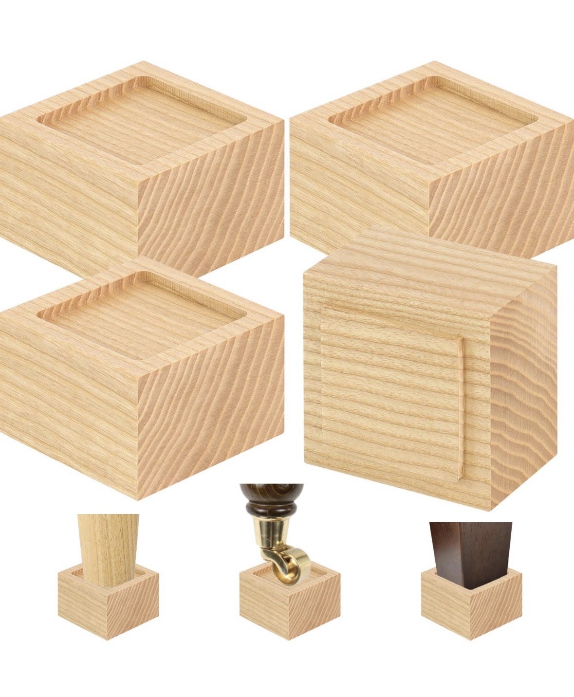 FASONLA Bed Risers 4pc in Solid Oak Wood, 3.2 x 3.2 in, Stackable Heavy Duty