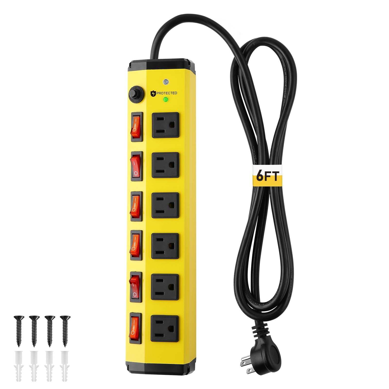 Heavy Duty Power Strip with Individual Switches,6 Outlet Metal Power Strip wi...