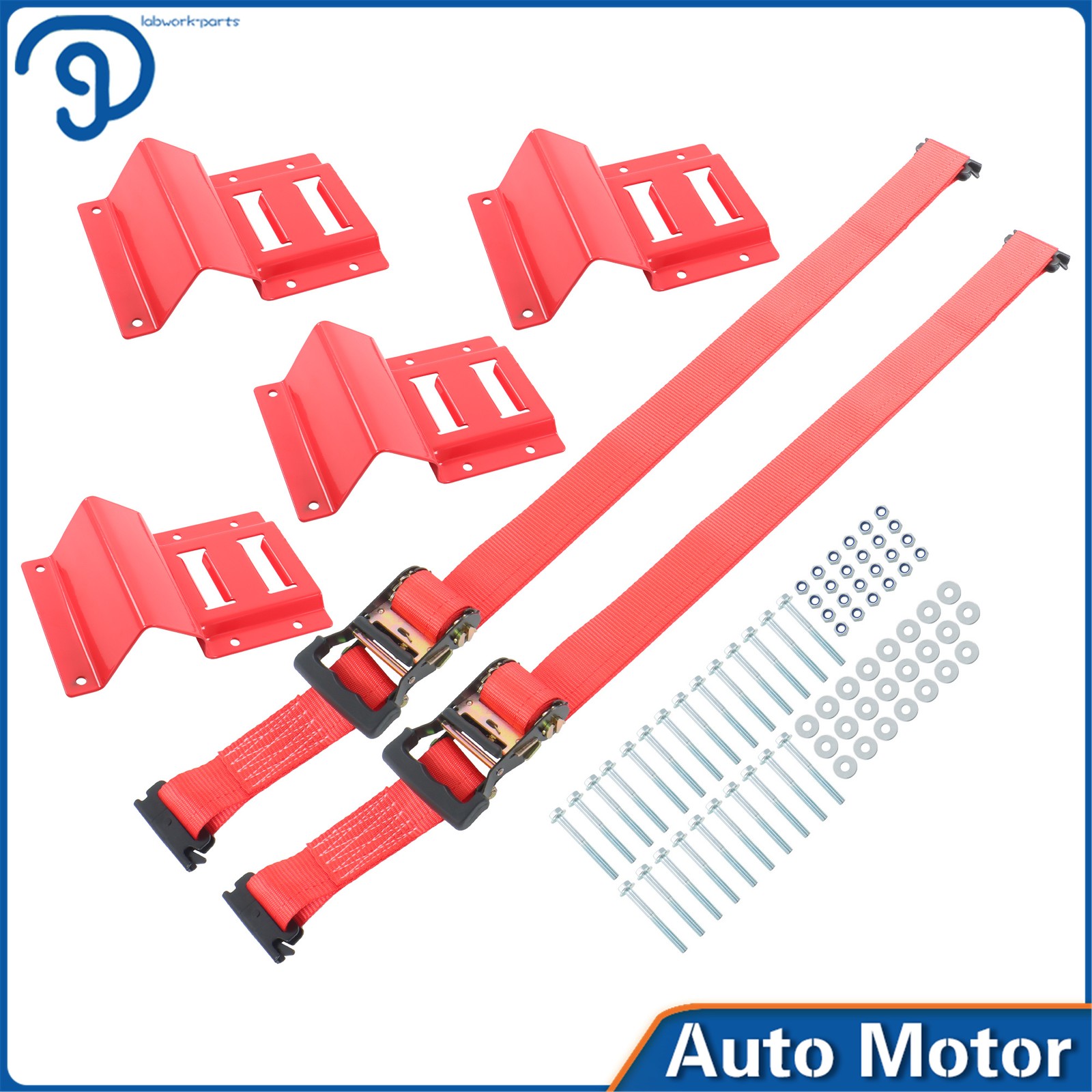 1 Set Red E Track Wheel Chock + 8 Foot Red Ratchet Tie Down Straps For ATV, UTV