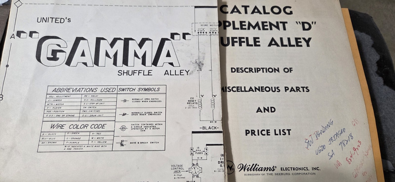 Arcade Schematics - 1962 United GAMMA Shuffle Alley Schematics/Parts (Williams)