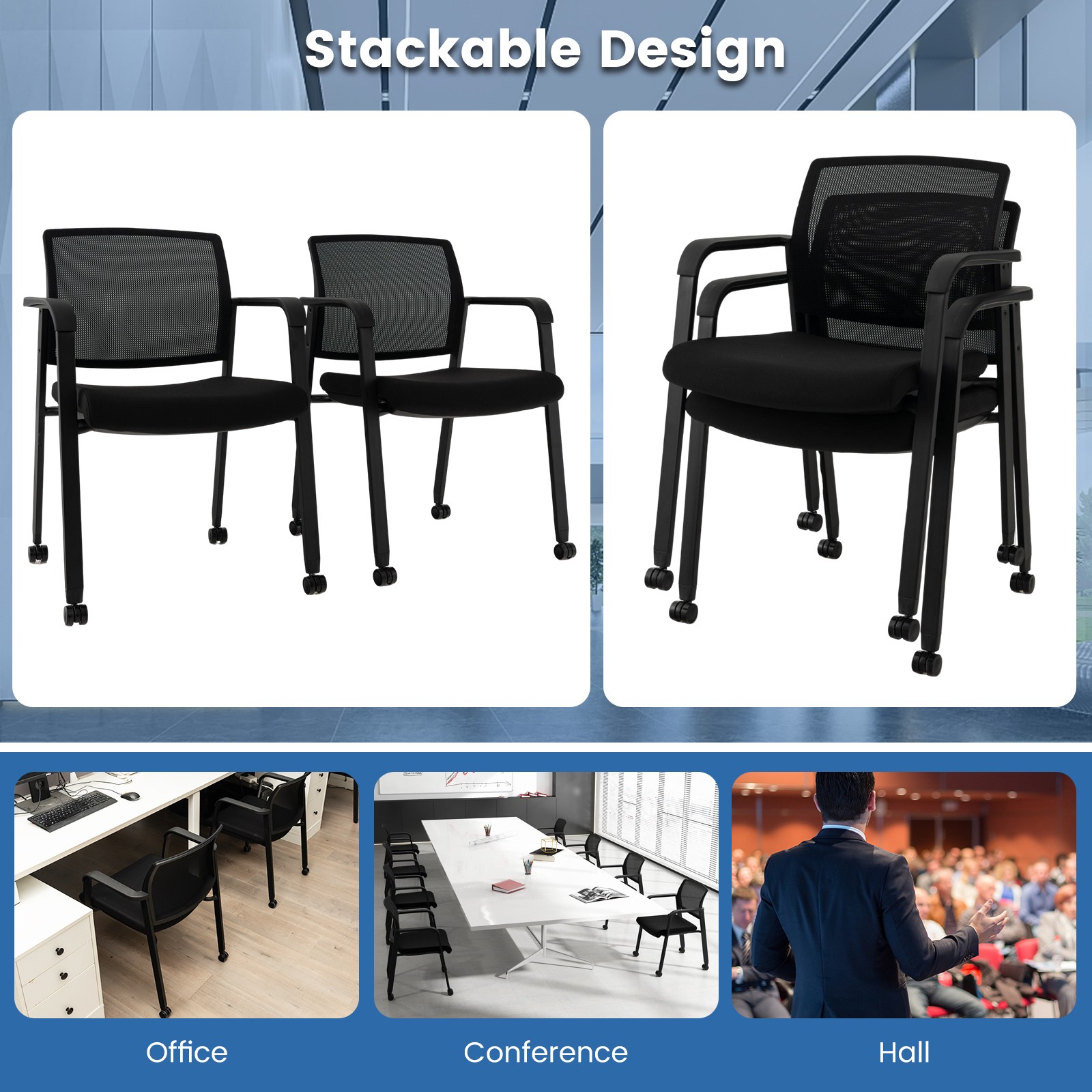 Set of 2 Conference Chairs Stackable Office Guest Mesh Chair Waiting Room Wheels