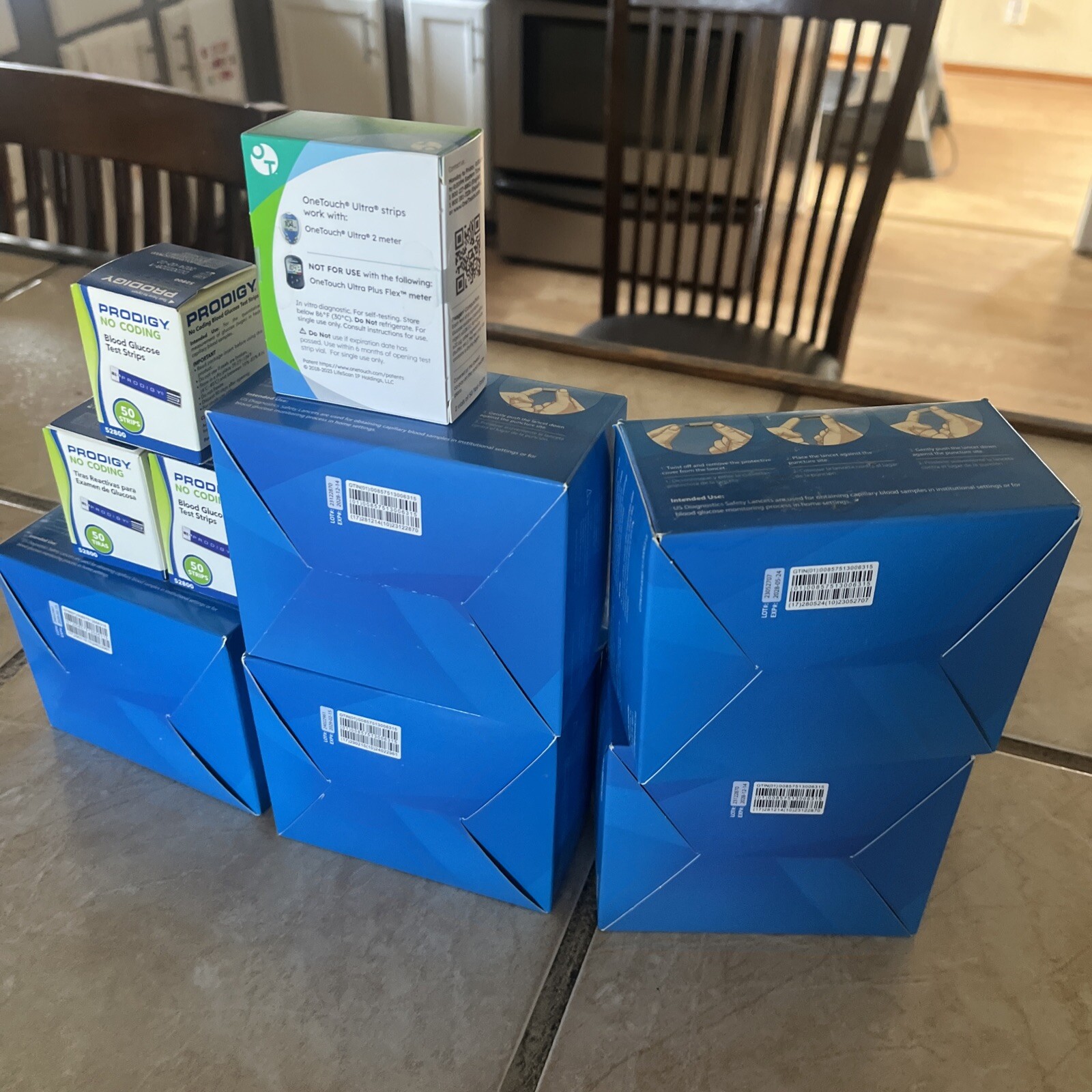 5 boxes of 100lancets 9 boxes 30g one touch and 3 boxes prodigylook description