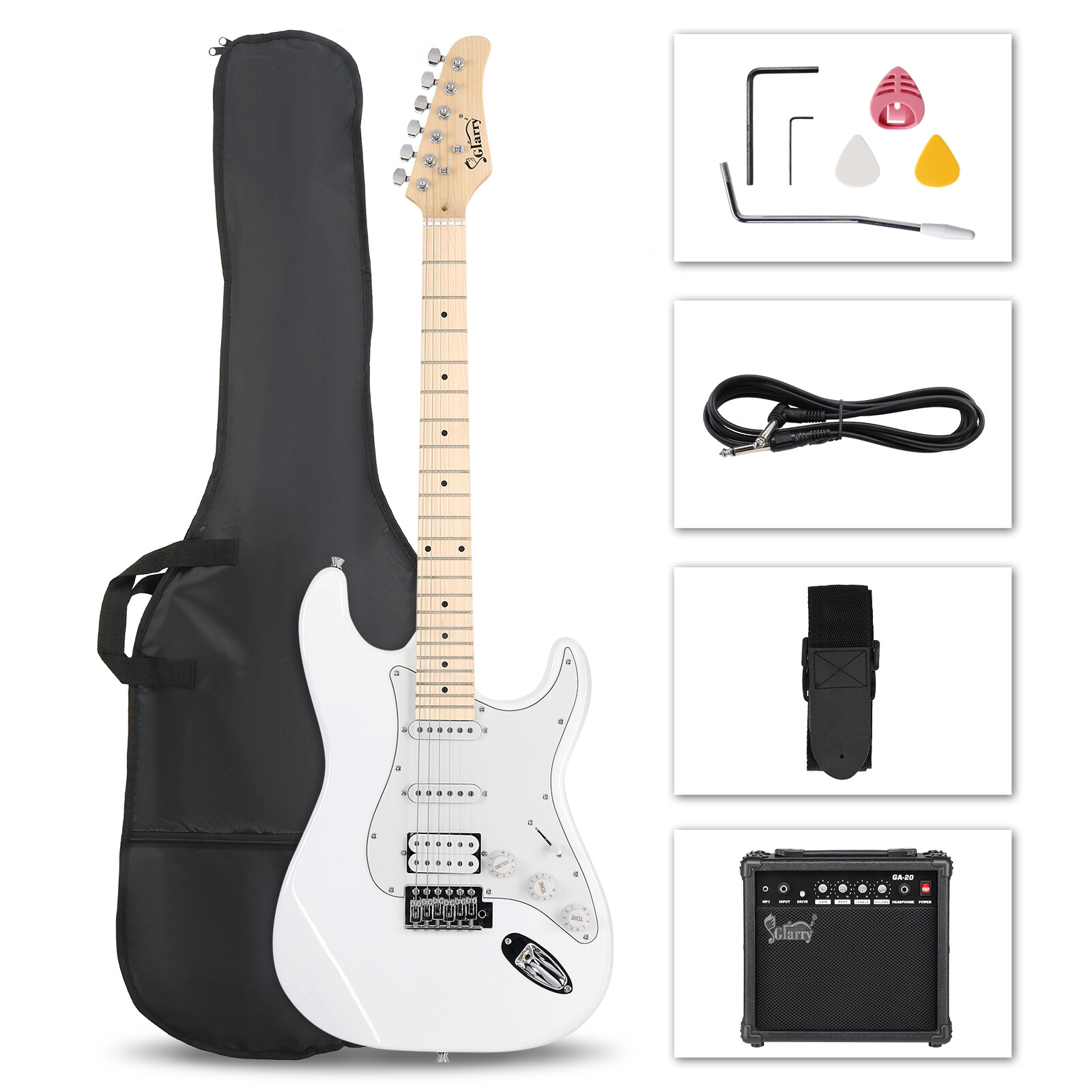 Glarry GST Stylish H-S-S Pickup Electric Guitar Kit 20W AMP Bag Guitar Strap--