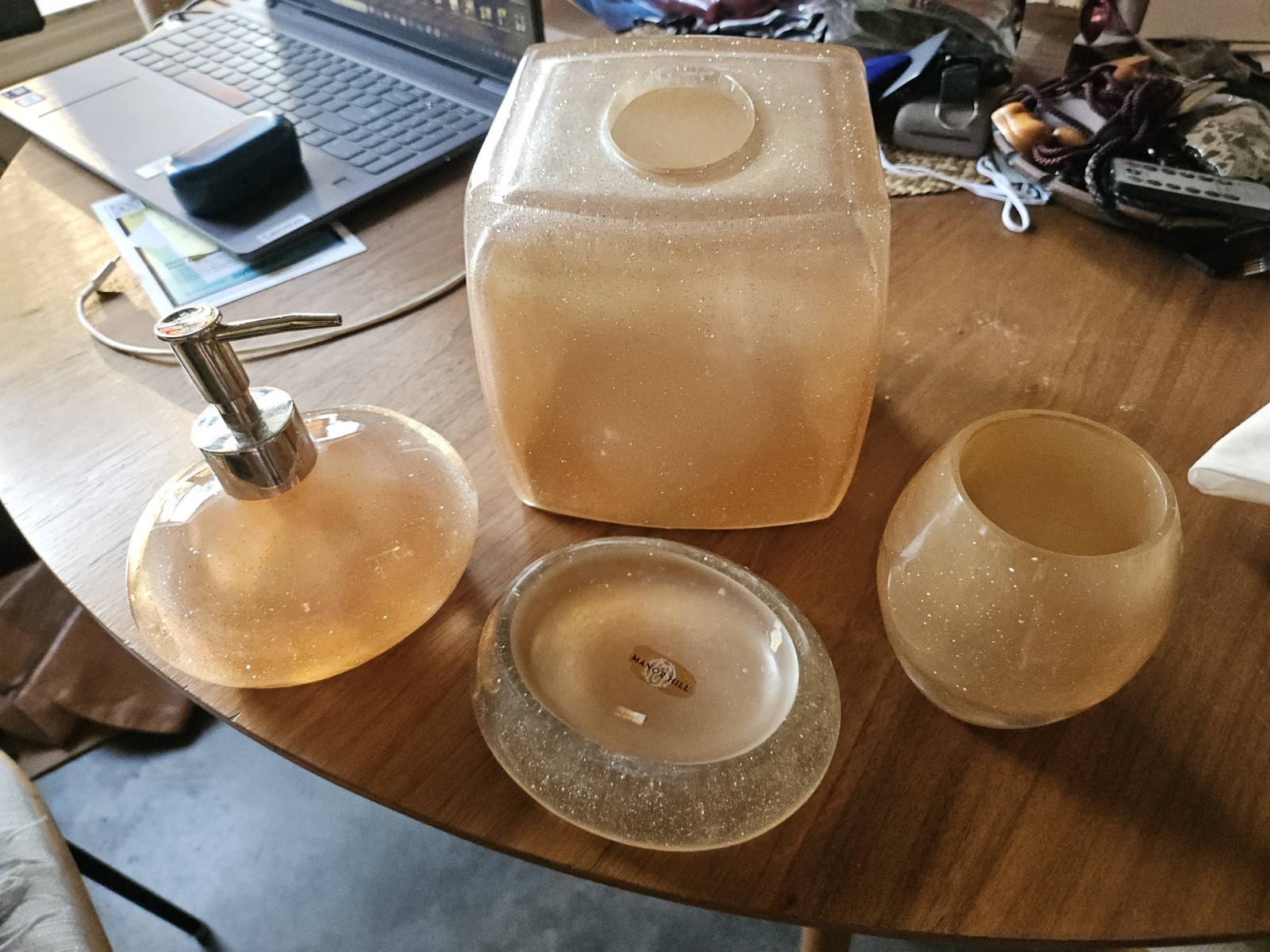 LOT Tissue, Cup, Soap Dispenser & Dish - Sierra Sparkle Peach Glitter Manor Hill