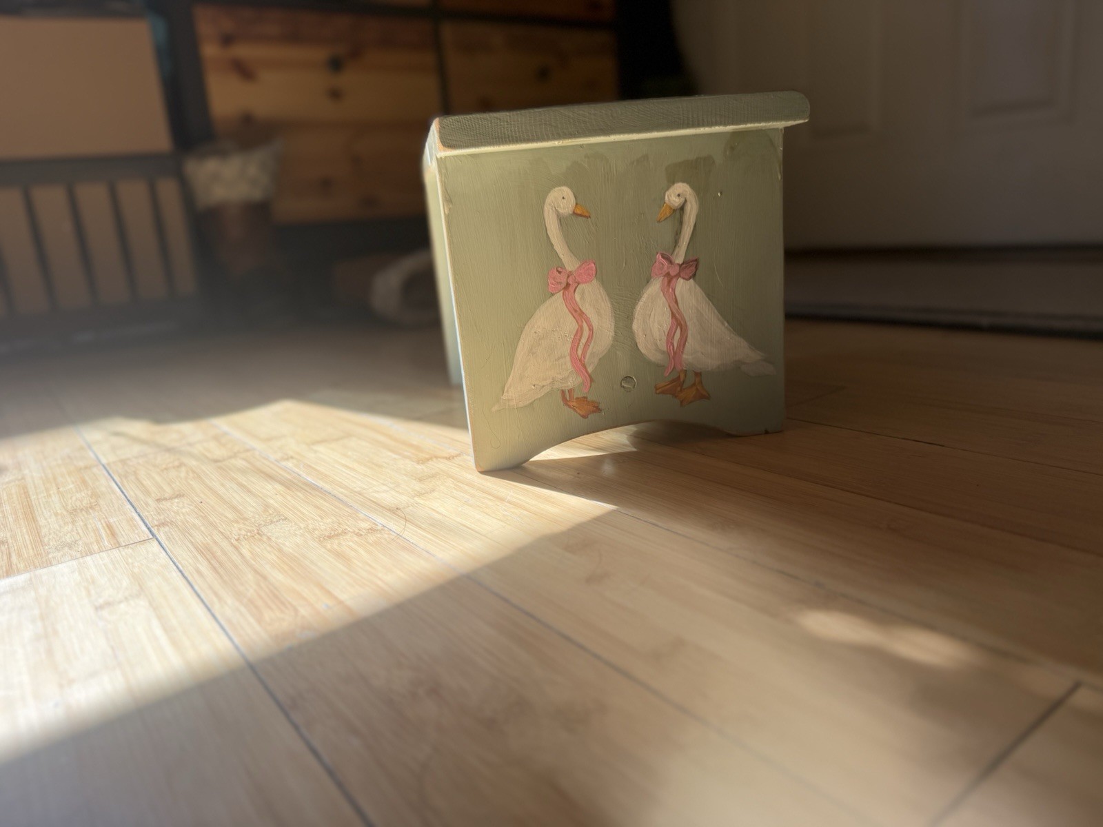 Two Silly Geese Hand Painted Foot Stool Signed by Artist