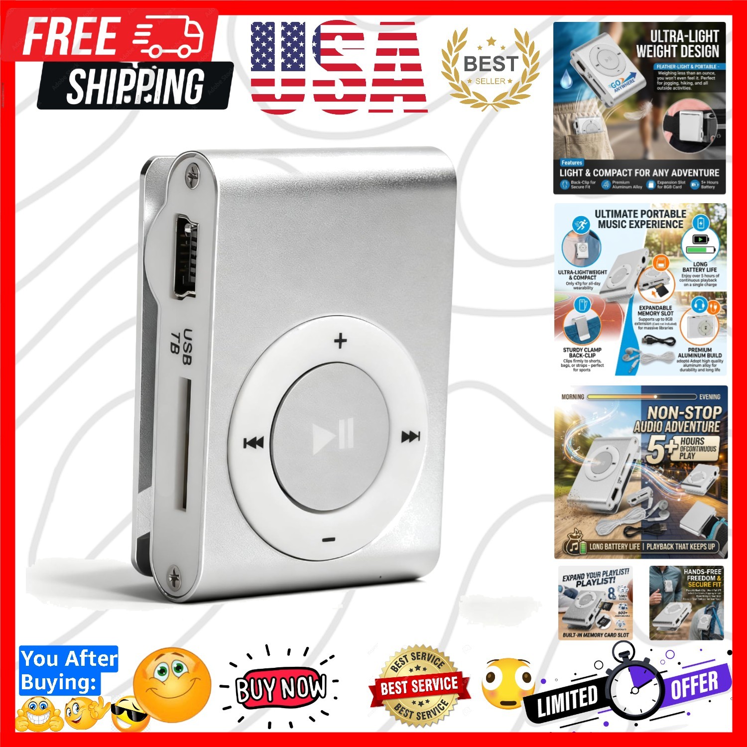 Sport MP3 Players with Clip, Portable Music Player, Screenless MP3 Players, M...