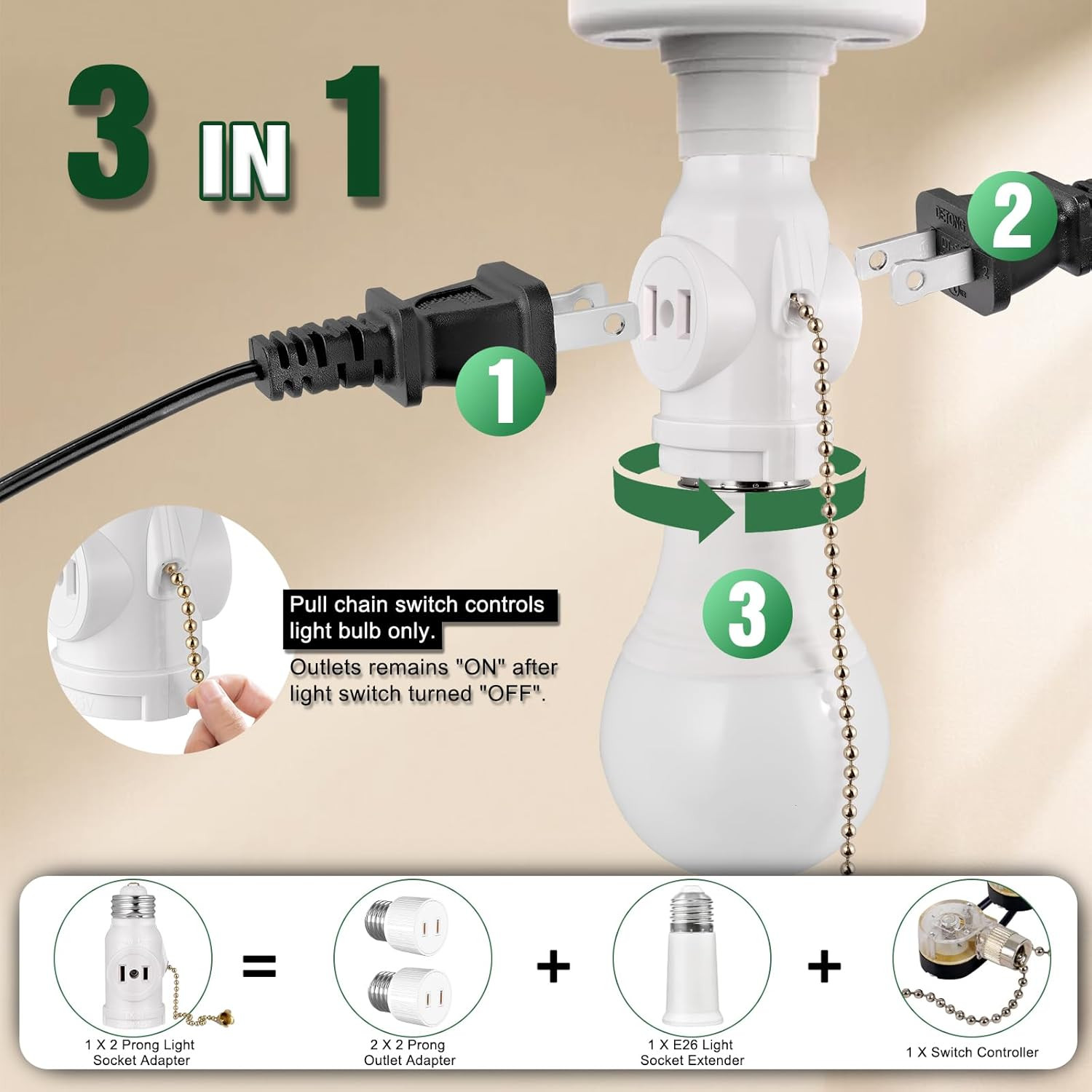 2-Pack E26 Light Socket Adapter - Converts Medium Screw Socket to Two Outlets wi